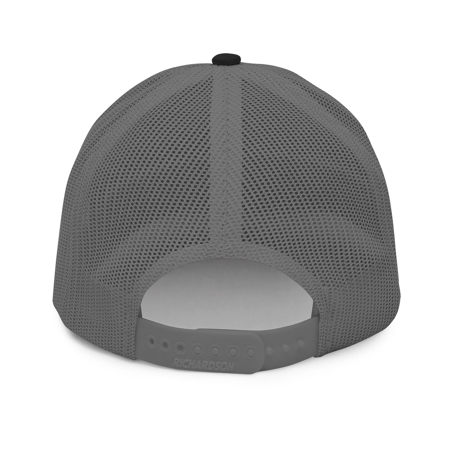 Black OB DANGEROUS embroidered trucker cap with snapback closure and charcoal back, suitable for gym and streetwear styles.