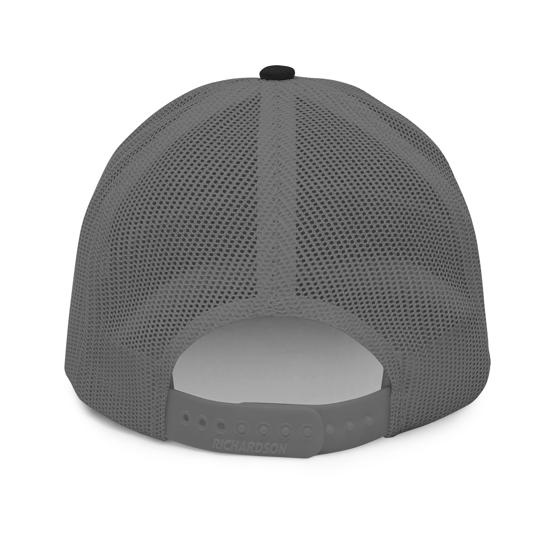 Black OB DANGEROUS embroidered trucker cap with snapback closure and charcoal back, suitable for gym and streetwear styles.