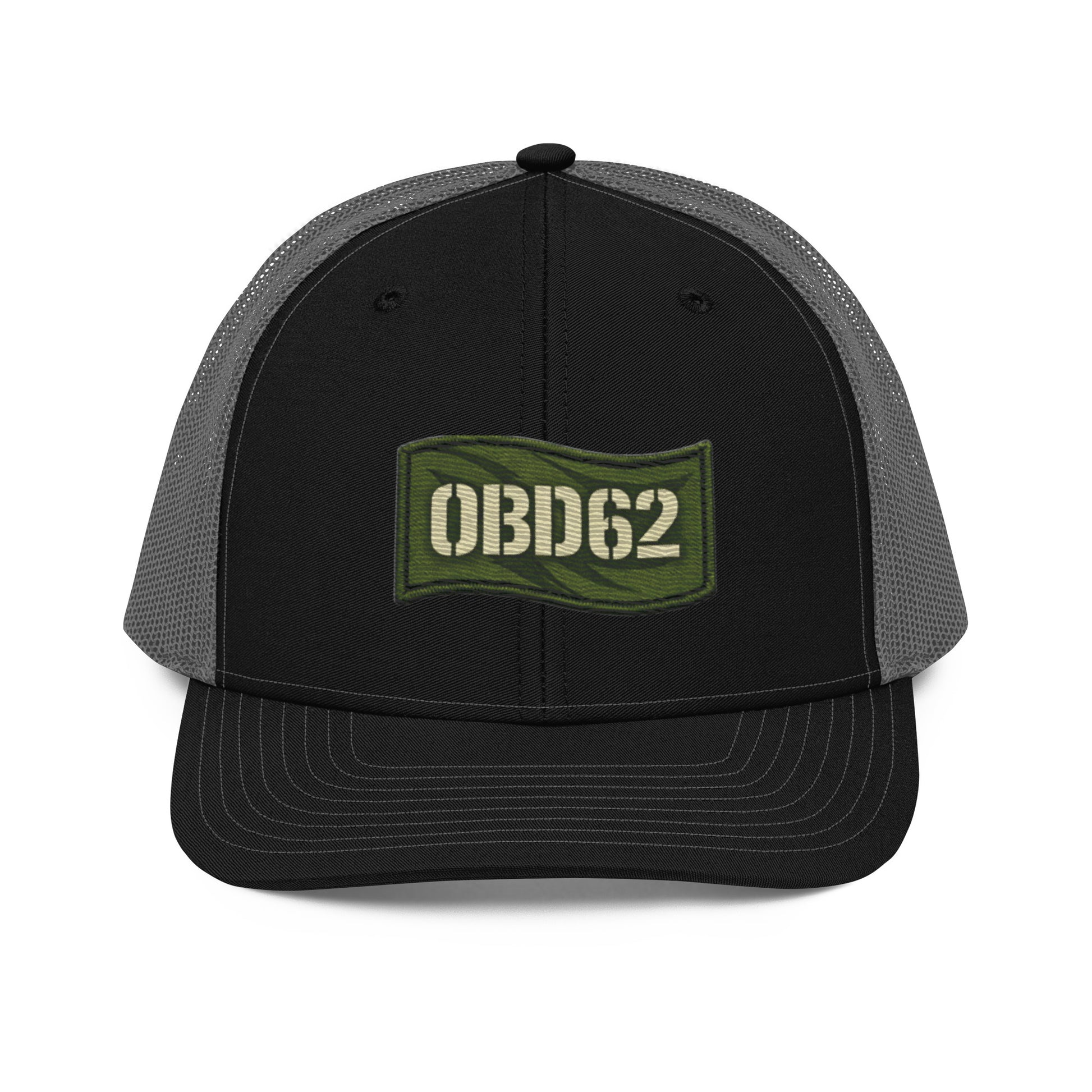 Black OB DANGEROUS OBD62 trucker cap with embroidered logo, snapback style, charcoal front panel, casual streetwear accessory