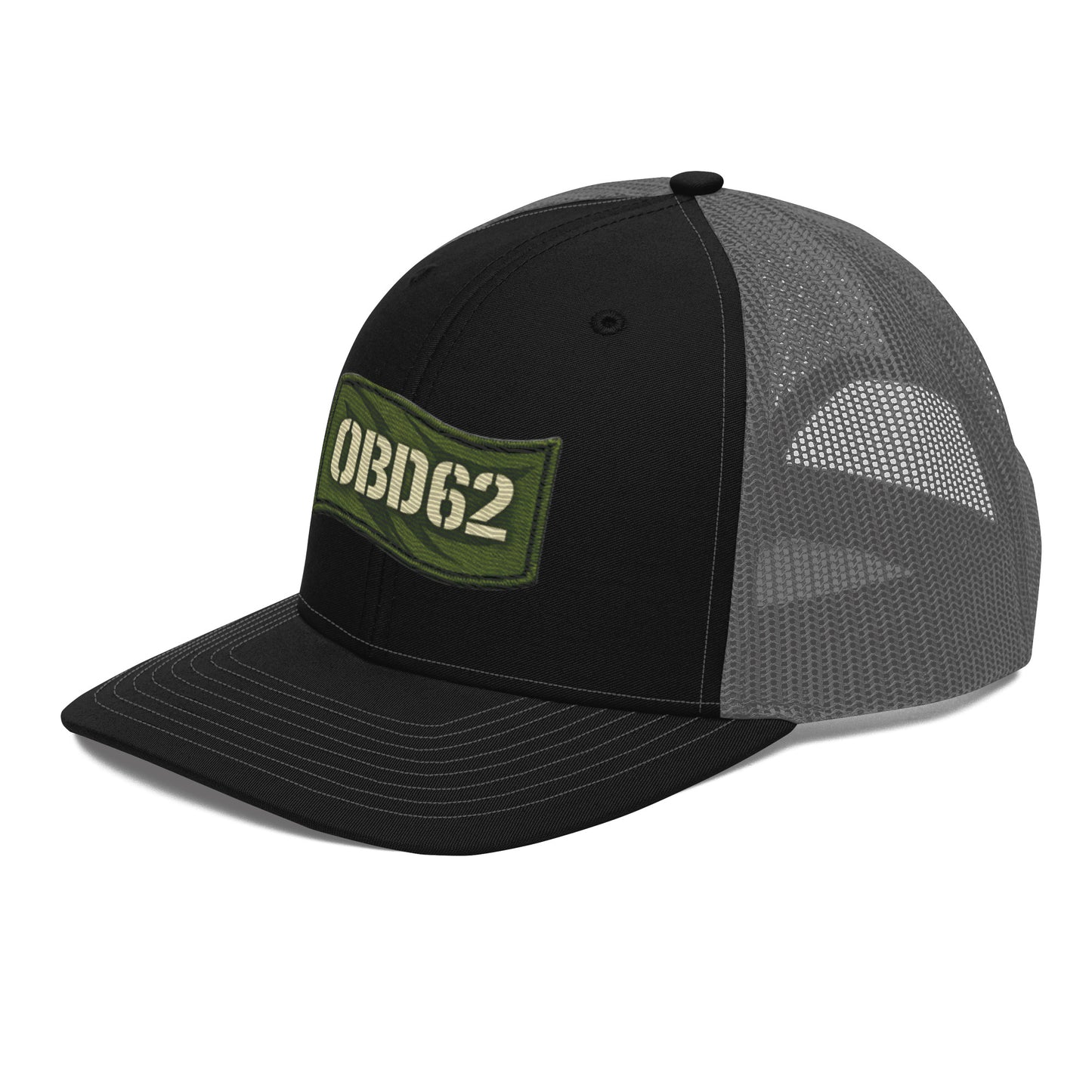 Black charcoal OBD62 Trucker Cap with embroidered logo, snapback style, suitable for gym and streetwear fashion.