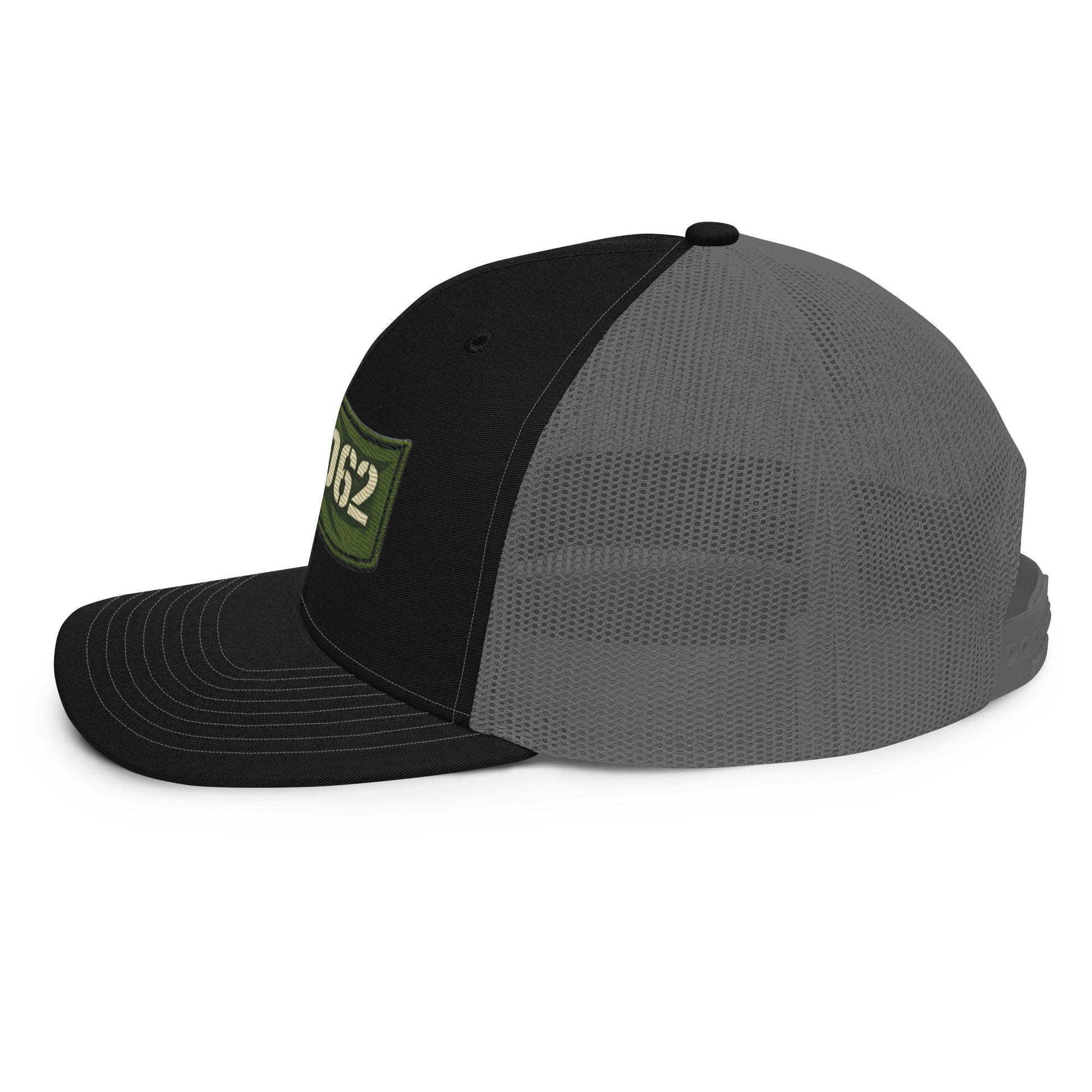 Black OB DANGEROUS OBD62 trucker cap with embroidered logo, snapback style, left side view, suitable for gym and street wear.