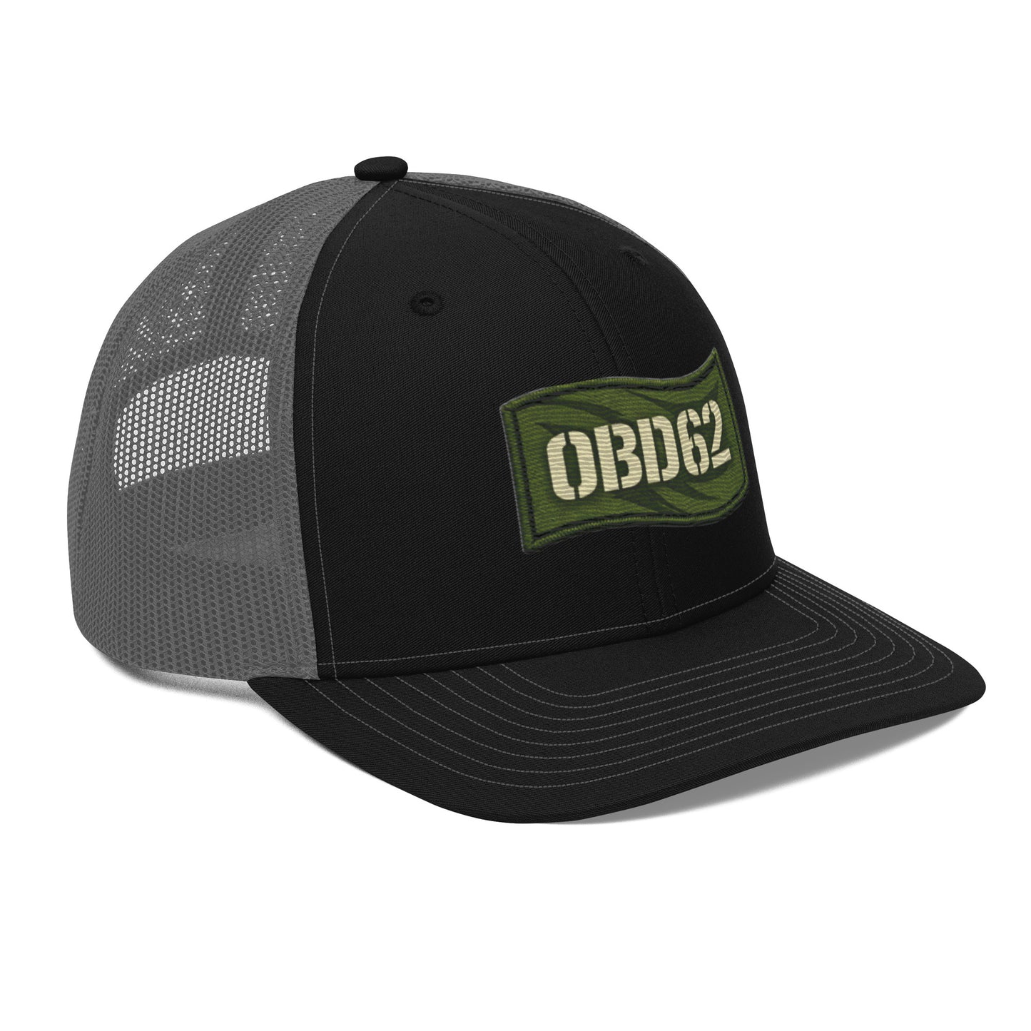 Black embroidered OBD62 Trucker Cap by OB DANGEROUS with snapback closure, displayed from the right front angle.