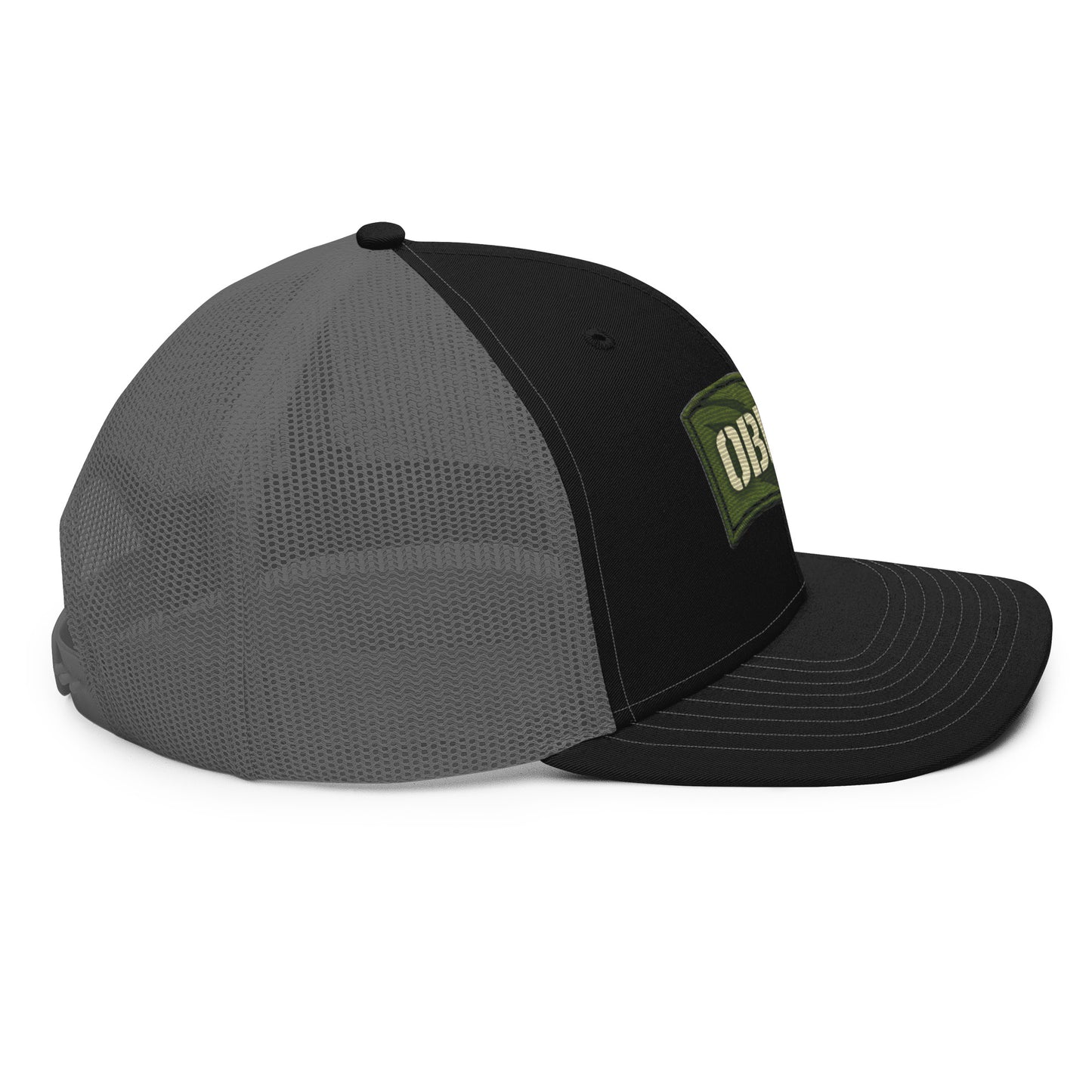 Black OB DANGEROUS OBD62 Trucker Cap with embroidered logo, right side view, snapback style, casual street and gym wear accessory.