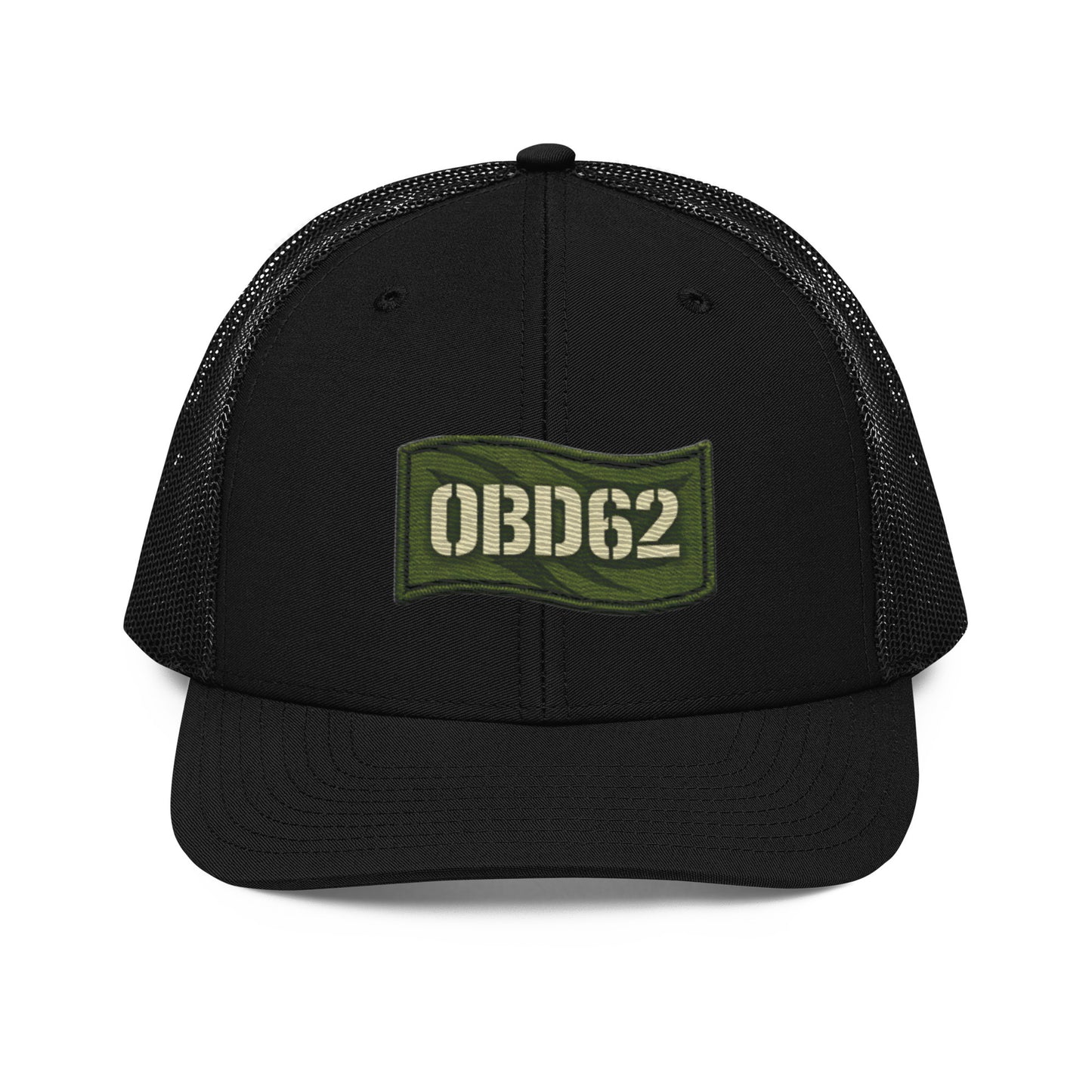 Black OB DANGEROUS OBD62 trucker cap with embroidered logo on front, adjustable snapback style for gym and streetwear.
