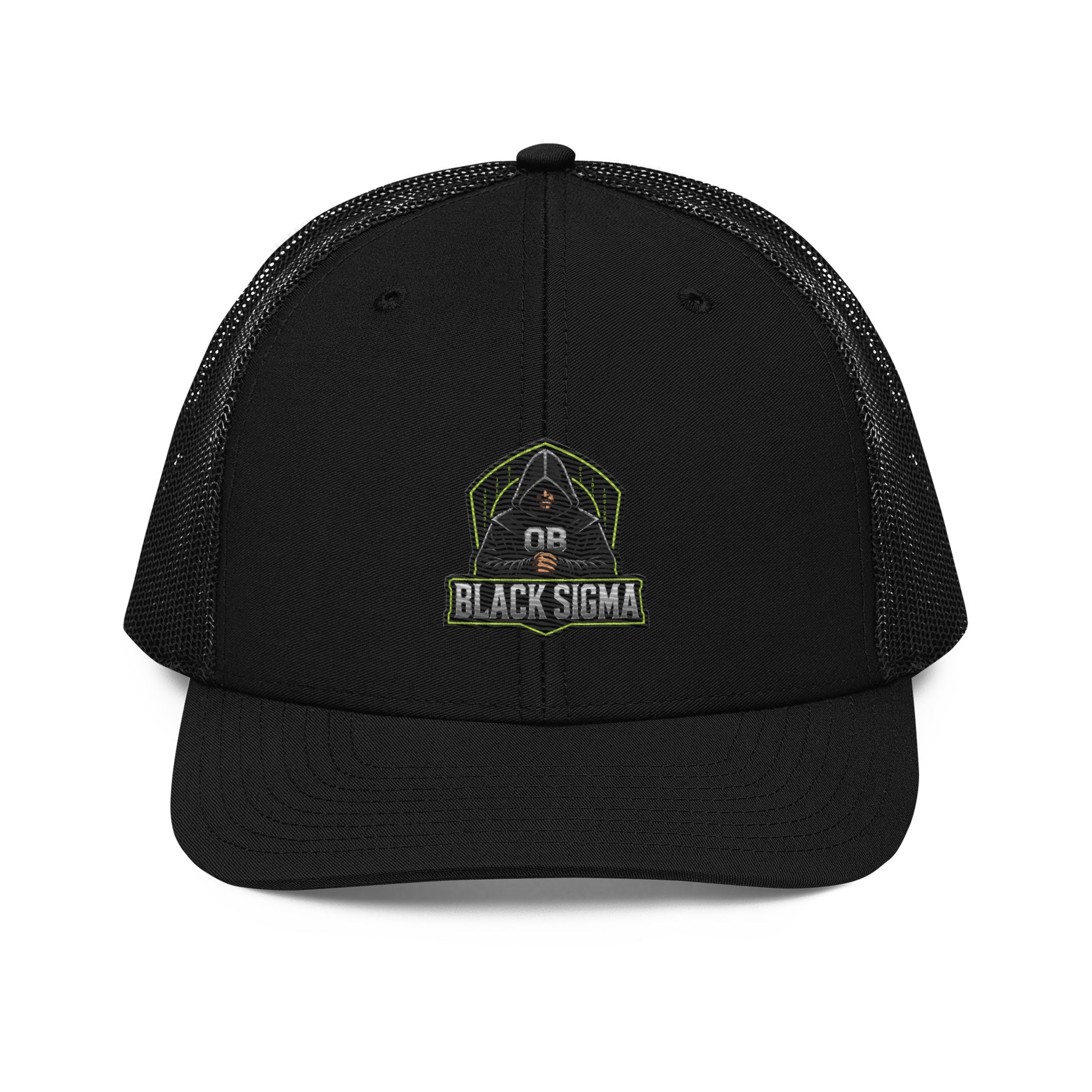 Black Sigma OBD Trucker Cap with embroidered logo, snapback style, designed for the gym and streetwear by OB DANGEROUS.