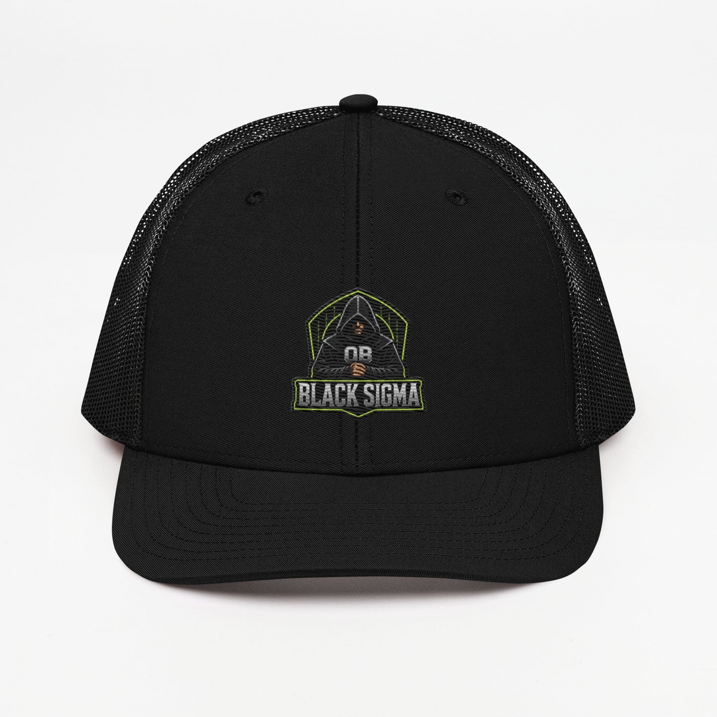 Black Sigma OBD Dangerous embroidered snapback trucker cap featuring bold front design, perfect for gym and streetwear styles.