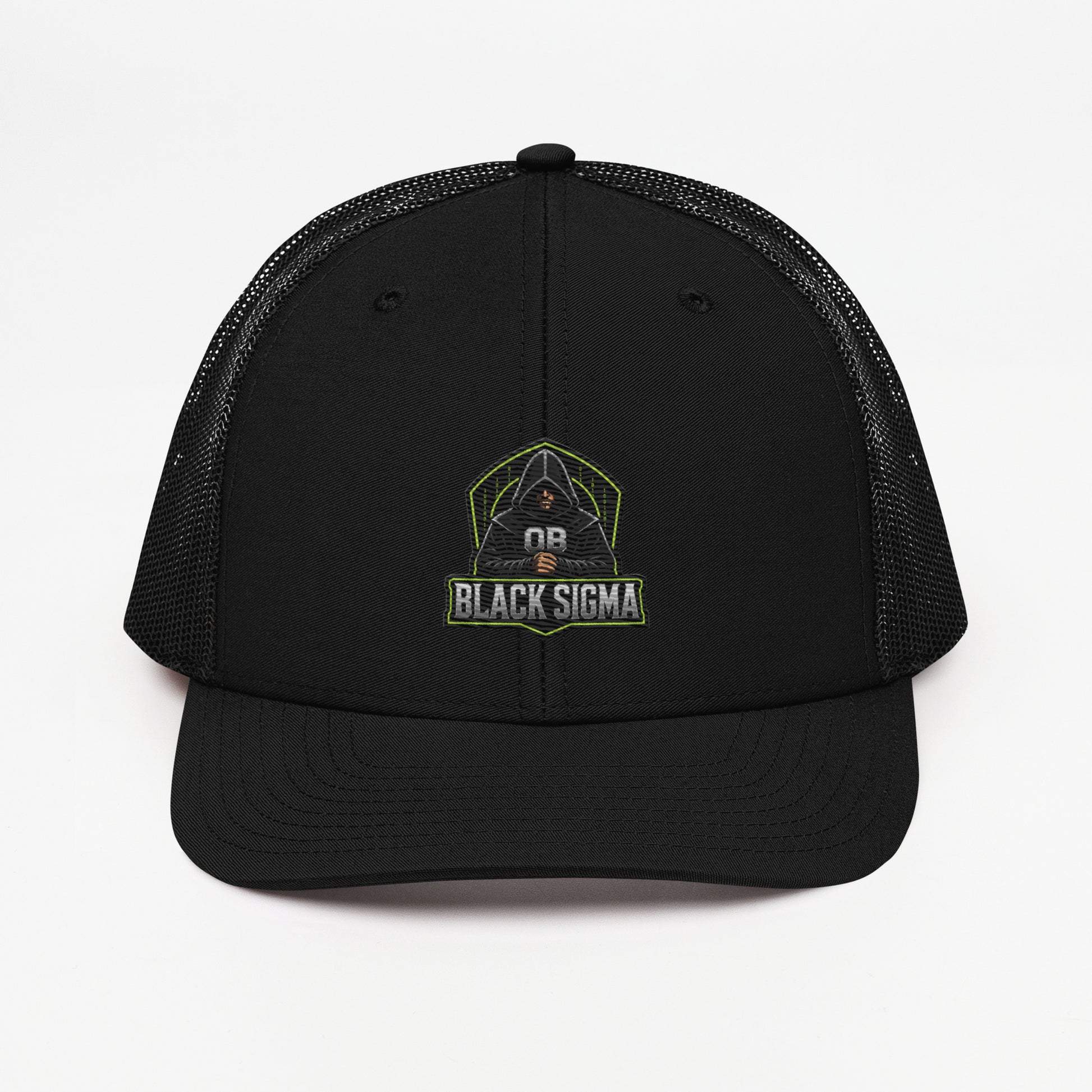 Black Sigma OBD Dangerous embroidered snapback trucker cap featuring bold front design, perfect for gym and streetwear styles.