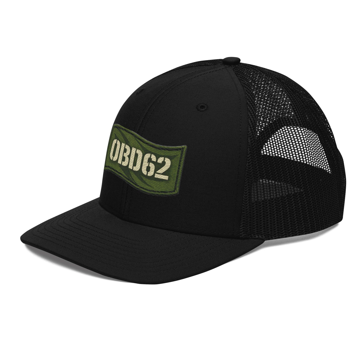 Black OB DANGEROUS OBD62 trucker cap with embroidered logo, snapback style, left front view, suitable for gym and street wear