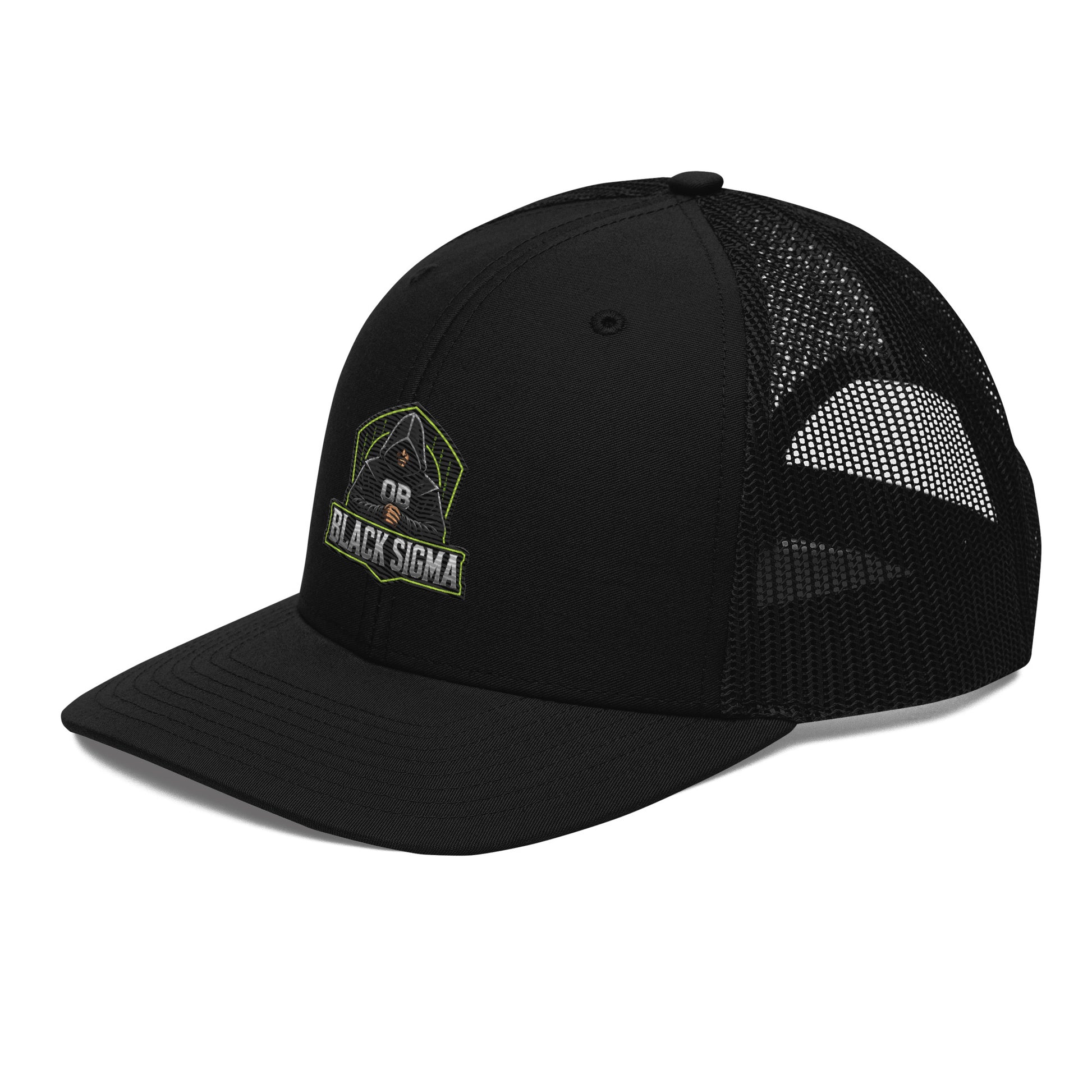 Black Sigma OBD Dangerous embroidered snapback trucker cap with flat brim and structured front, designed for gym and streetwear style.