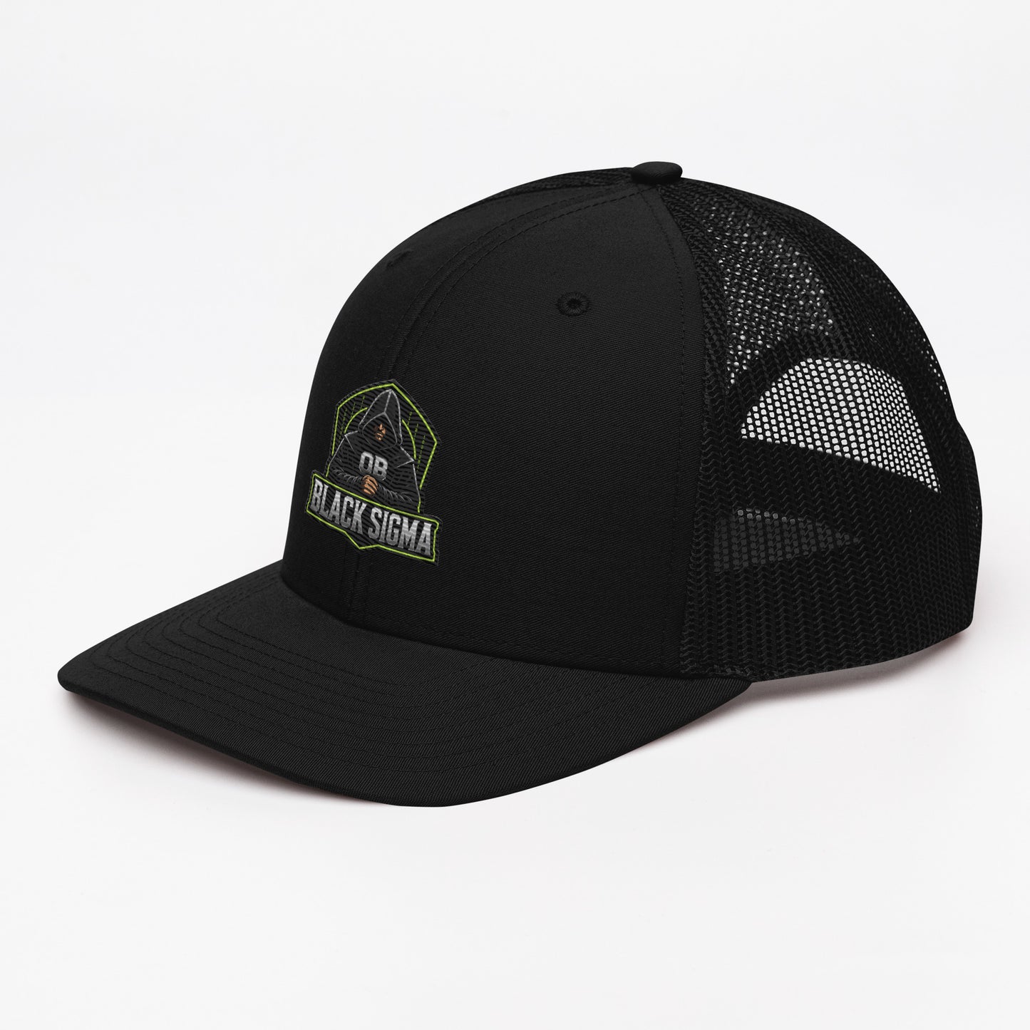 Black Sigma OBD Dangerous embroidered snapback trucker cap with front embroidery, stylish for gym, street, and casual wear.