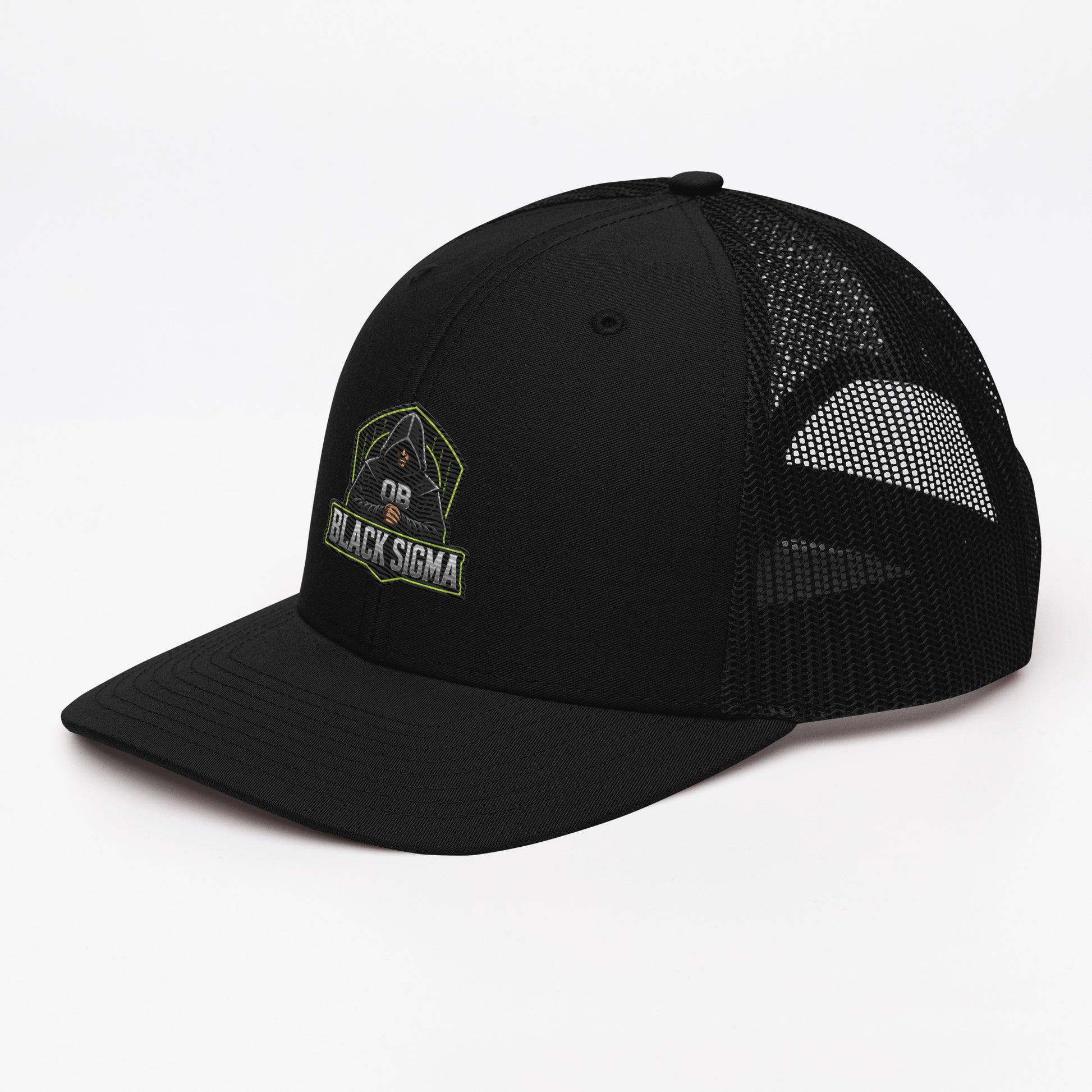 Black Sigma OBD Dangerous embroidered snapback trucker cap with front embroidery, stylish for gym, street, and casual wear.