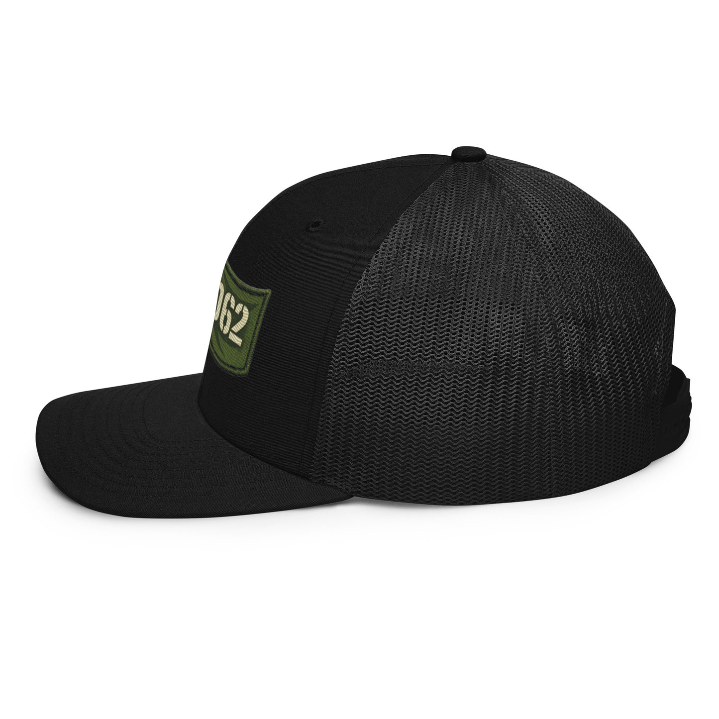 Black OBD62 Trucker Cap with embroidered logo, snapback style, shown from the left side. Designed for gym, street, and everyday wear.