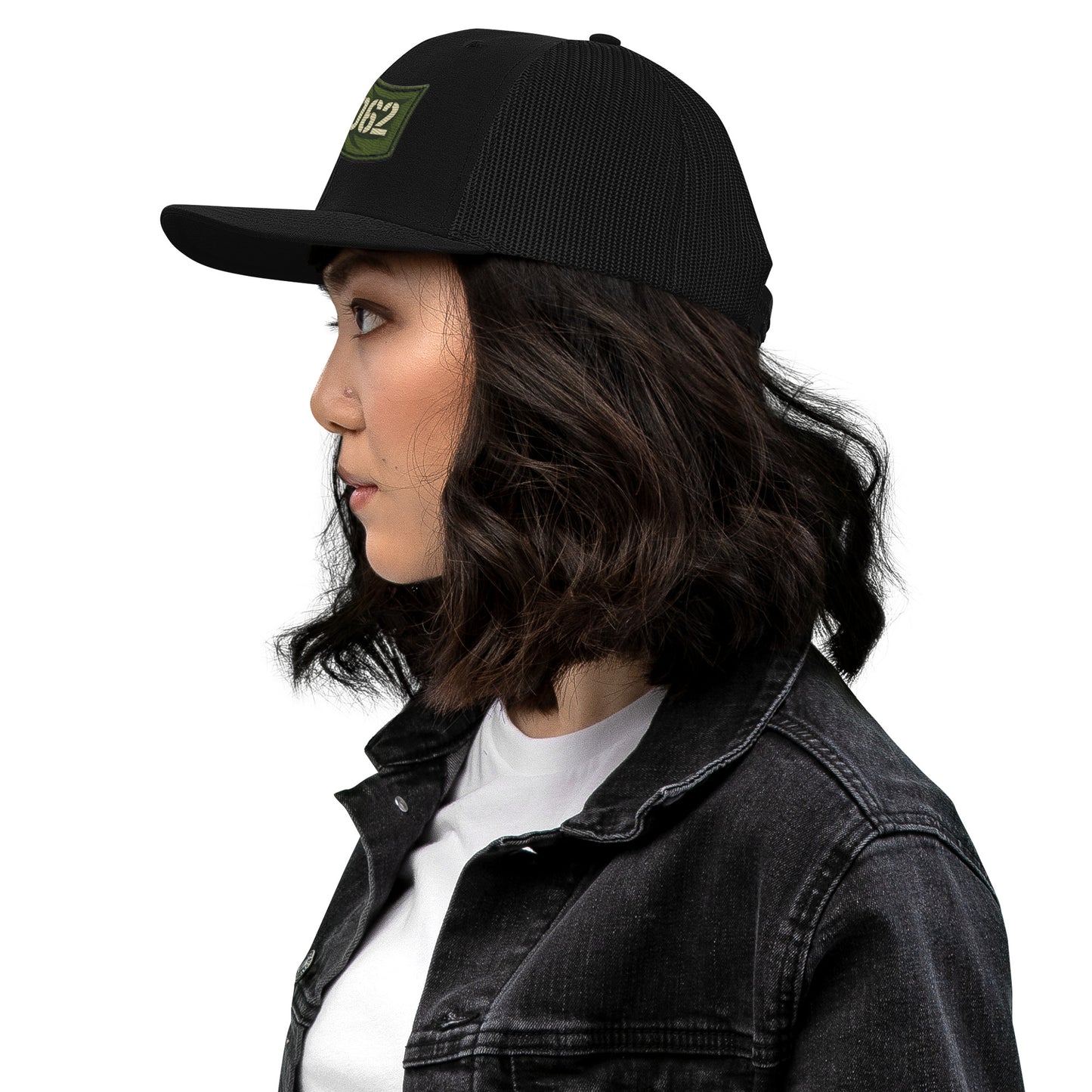 Black OB DANGEROUS OBD62 trucker cap with embroidered logo, viewed from the left side, stylish snapback design for gym and street wear.