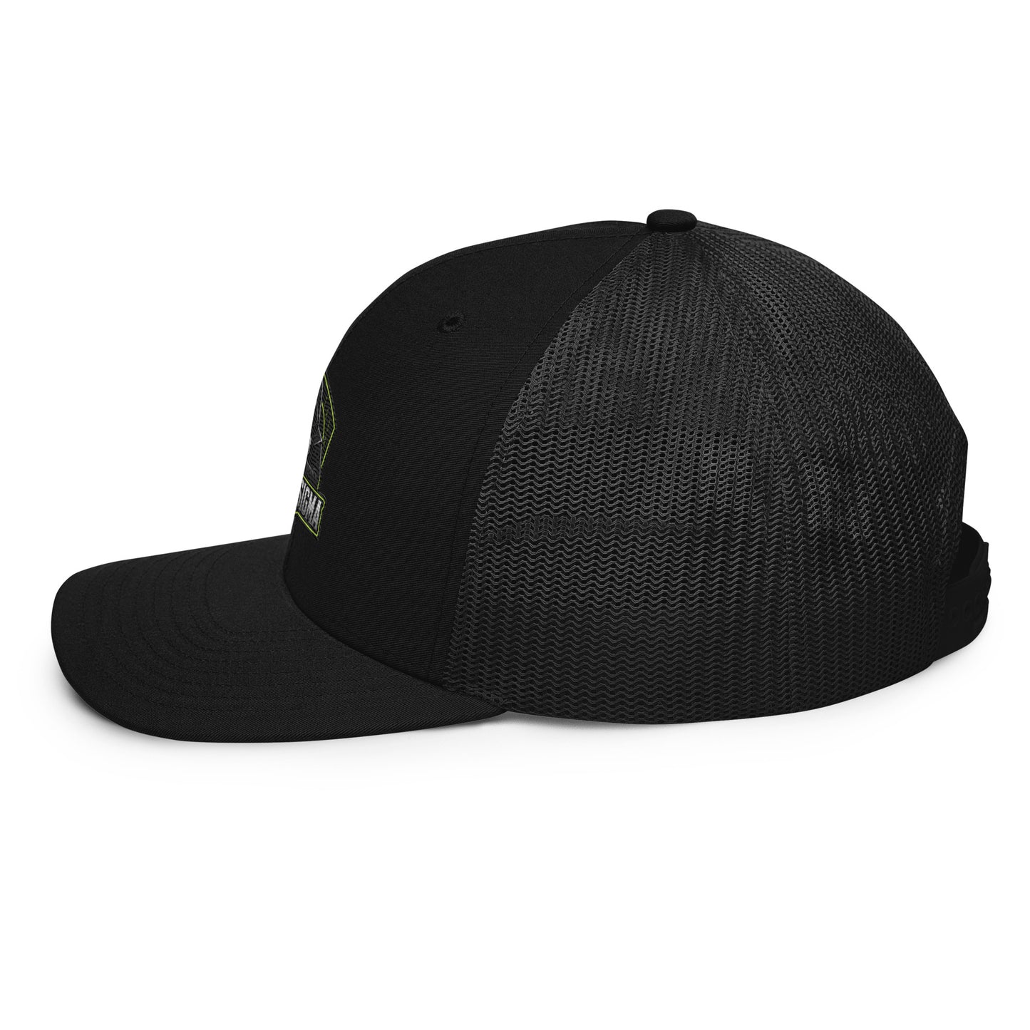 Black Sigma OBD Trucker Cap with embroidered logo, snapback style, designed for gym, street, and casual wear.