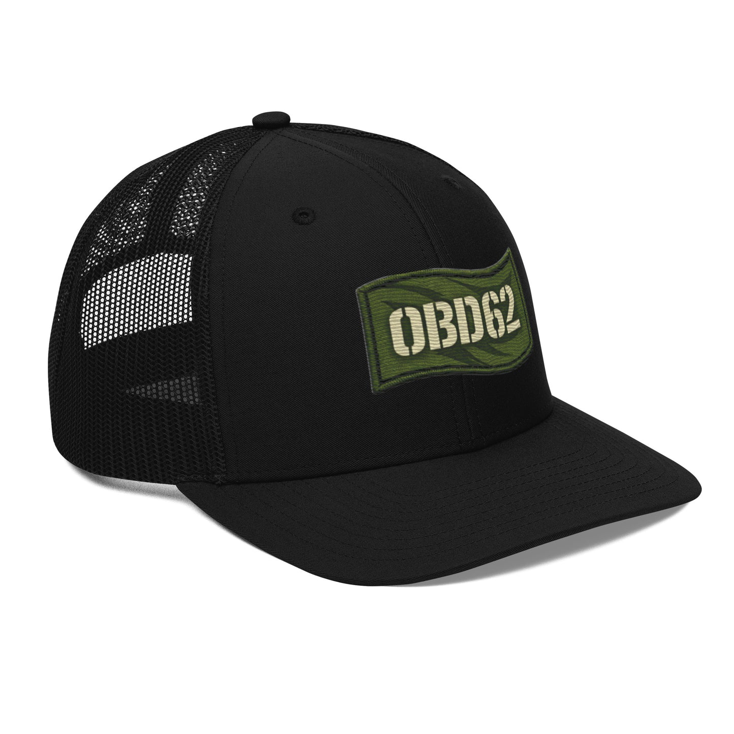 Black OB DANGEROUS OBD62 trucker cap with embroidered logo, snapback style, worn on the right front side.
