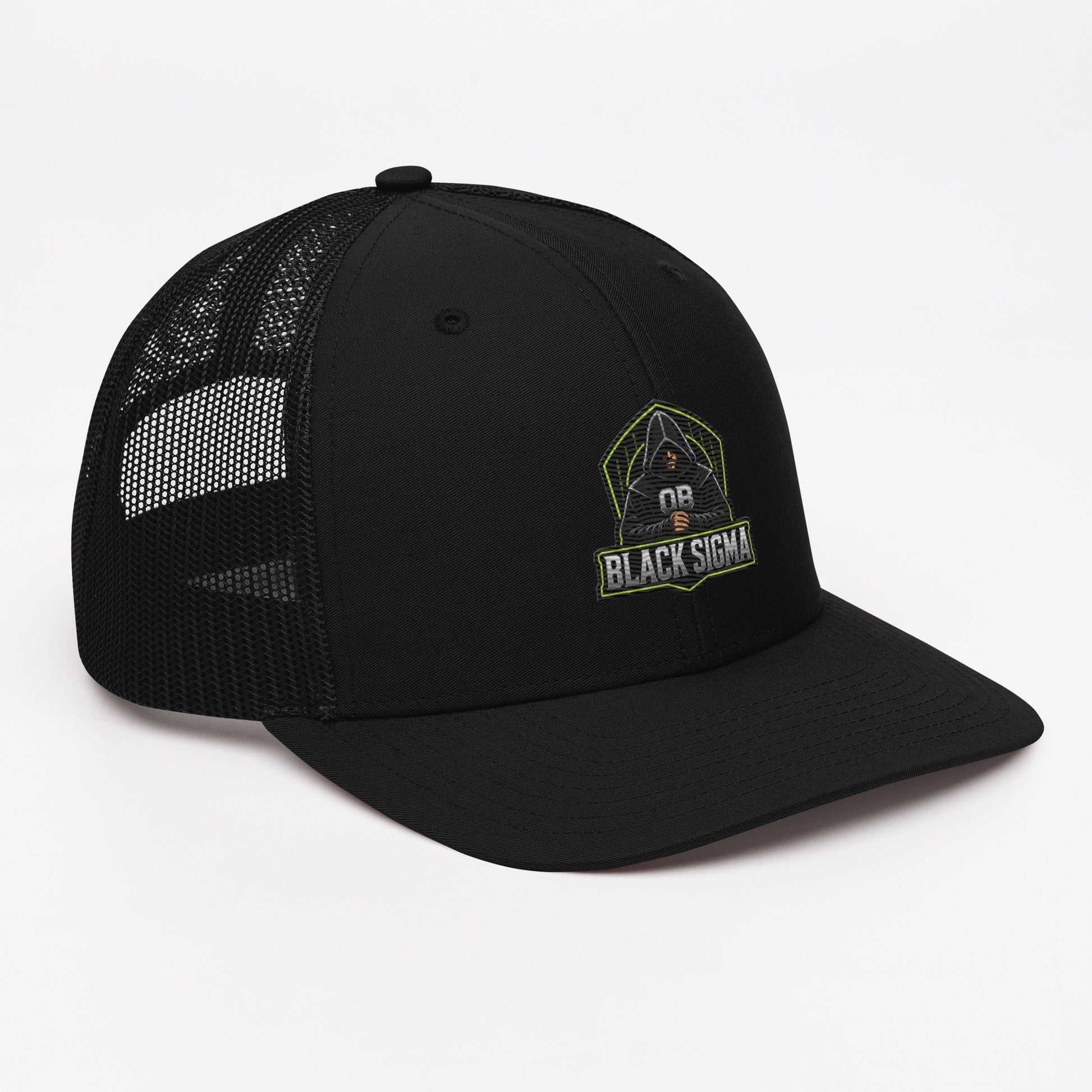 Black Sigma OBD Dangerous embroidered snapback trucker cap from the right front view, showcasing bold embroidery design.