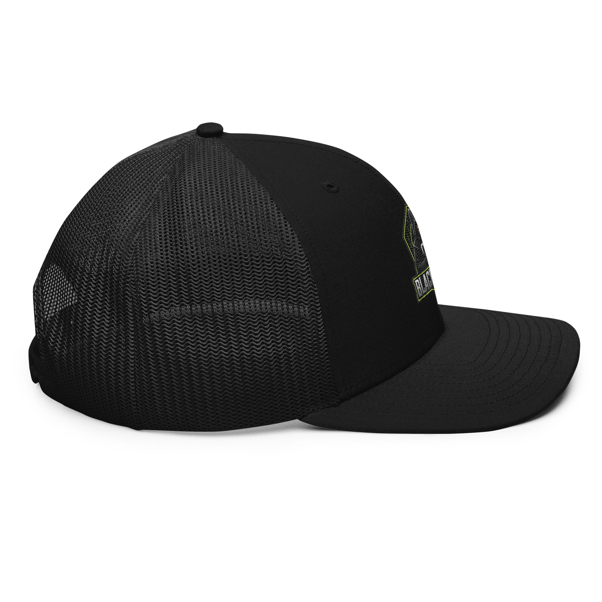 Black Sigma OBD Dangerous embroidered snapback trucker cap shown from the right side, featuring bold logo and classic trucker style.