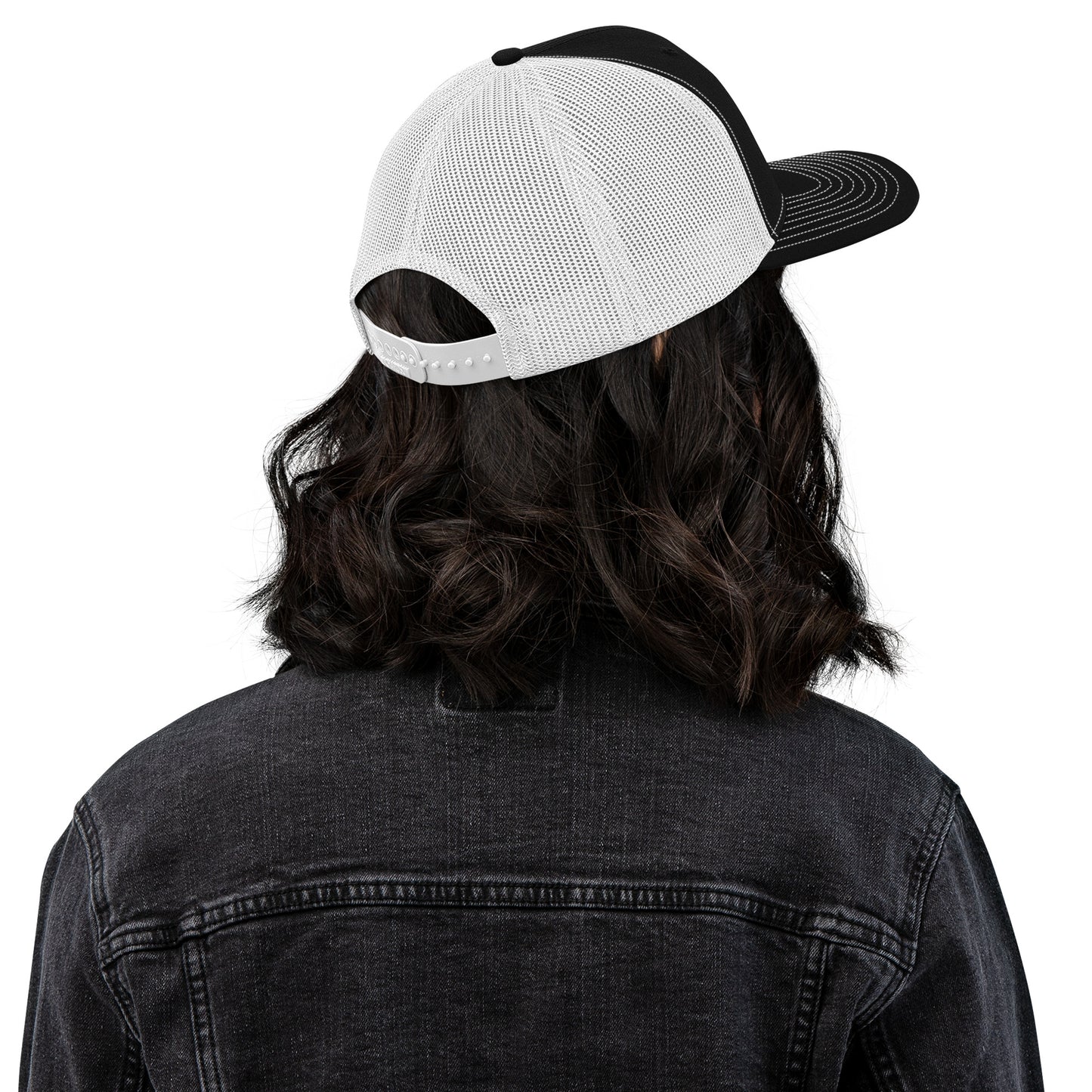 Black and white embroidered OBD62 Trucker Cap by OB DANGEROUS with snapback closure, designed for gym, street, and casual wear.