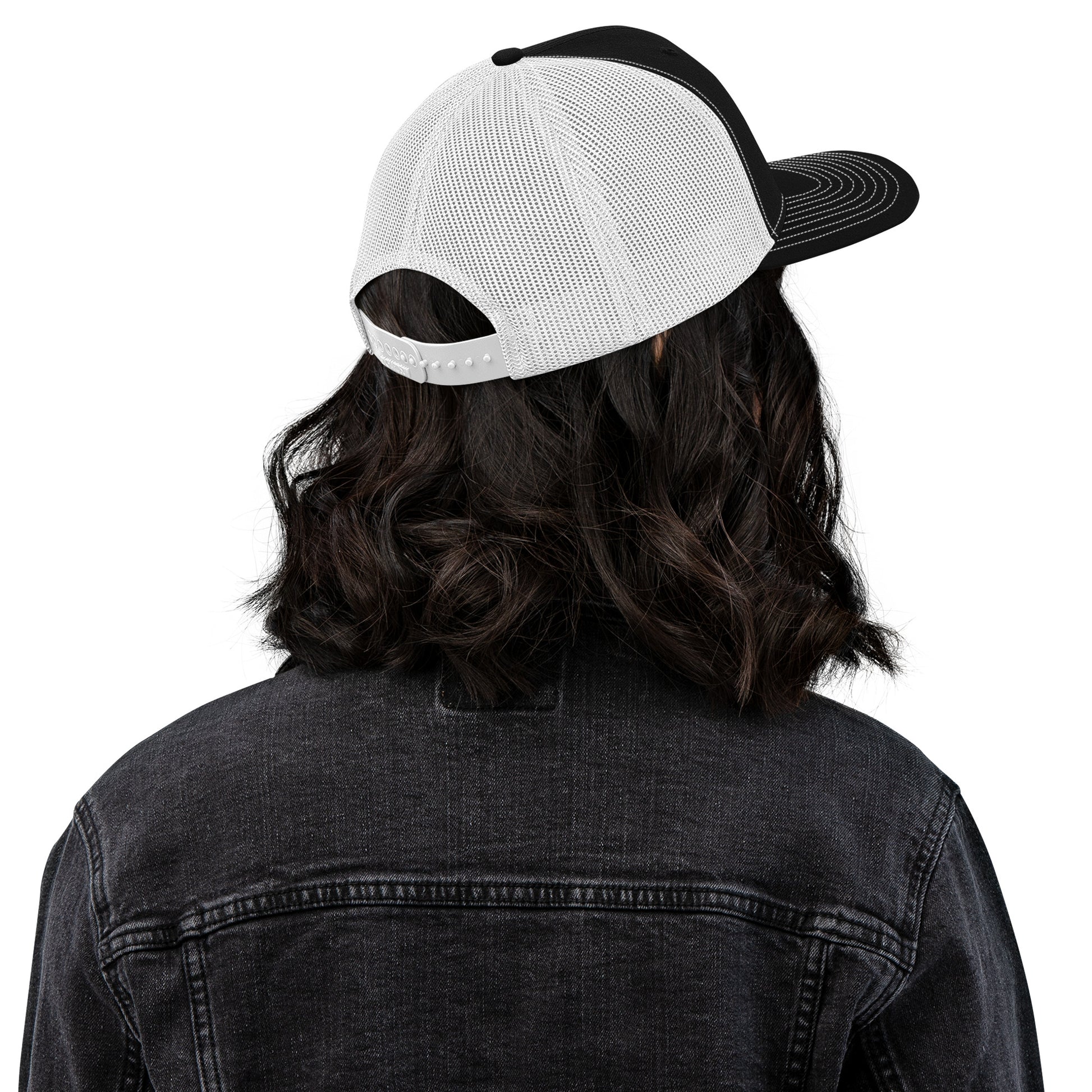 Black and white embroidered OBD62 Trucker Cap by OB DANGEROUS with snapback closure, designed for gym, street, and casual wear.