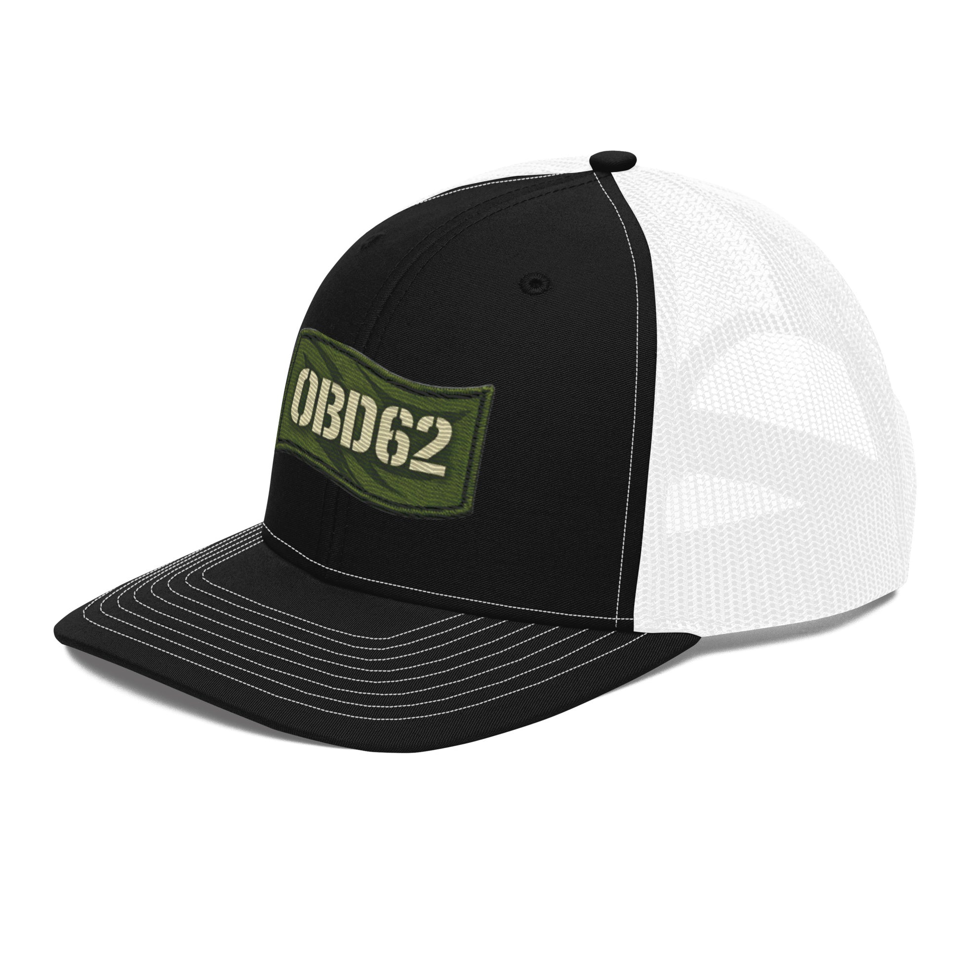 Black and white OB DANGEROY trucker cap with embroidered logo, snapback style, designed for gym, street, and casual wear.