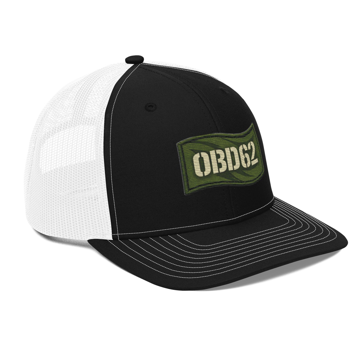 Black and white OB DANGERO OBD62 trucker cap with embroidered design, snapback style, showing the right front view.