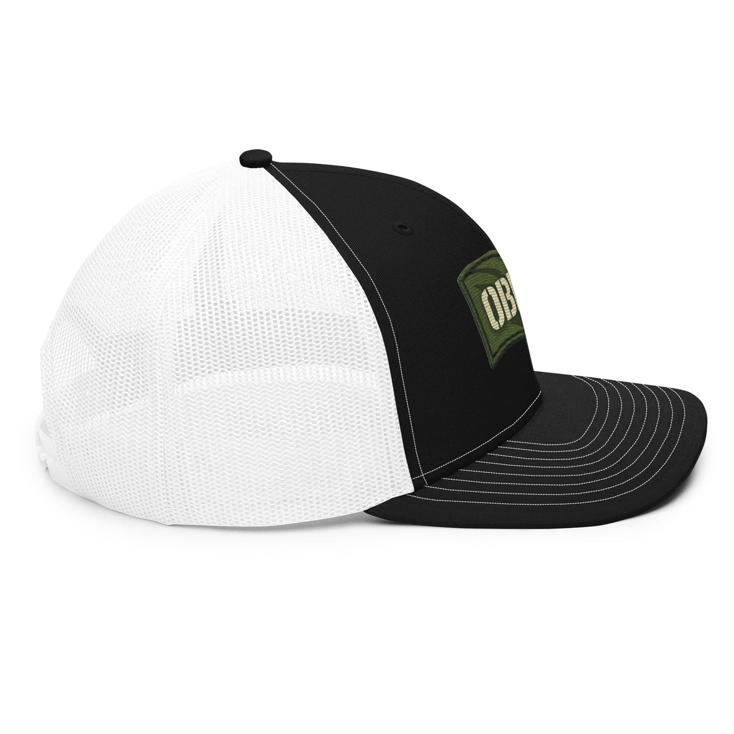 Black and white OB DANGEROY OBD62 trucker cap with embroidered logo, side view, snapback style for gym and streetwear fashion.