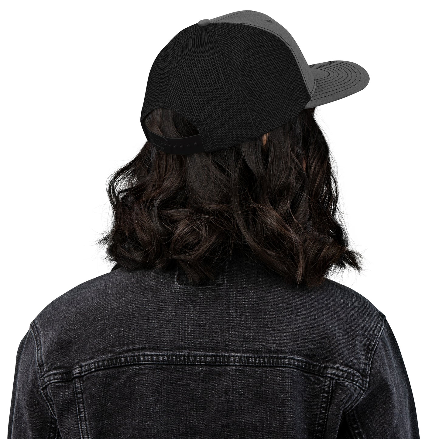 Charcoal black OBD62 trucker cap with embroidered logo, snapback style, suitable for gym, streetwear, and casual wear.