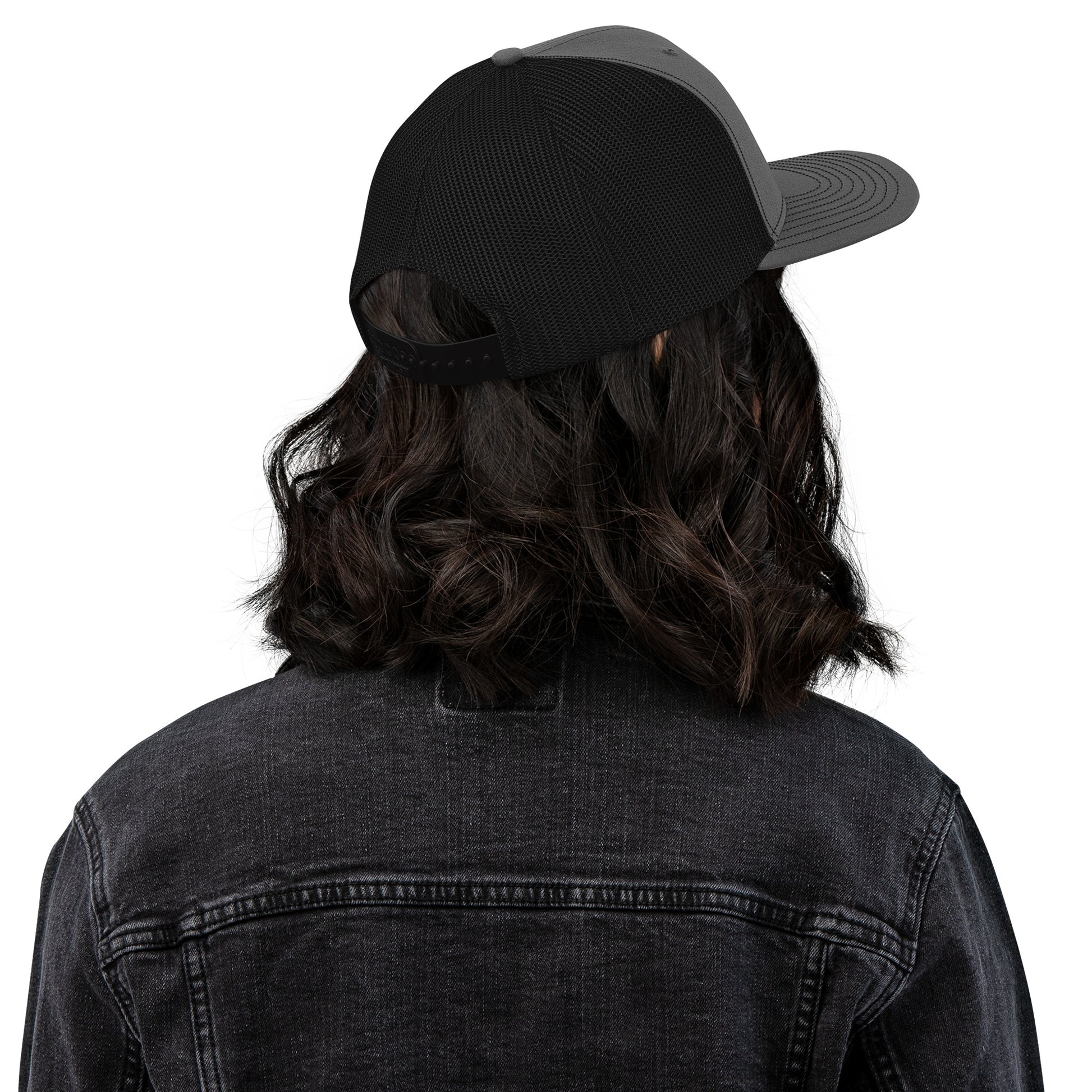 Charcoal black OBD62 trucker cap with embroidered logo, snapback style, suitable for gym, streetwear, and casual wear.
