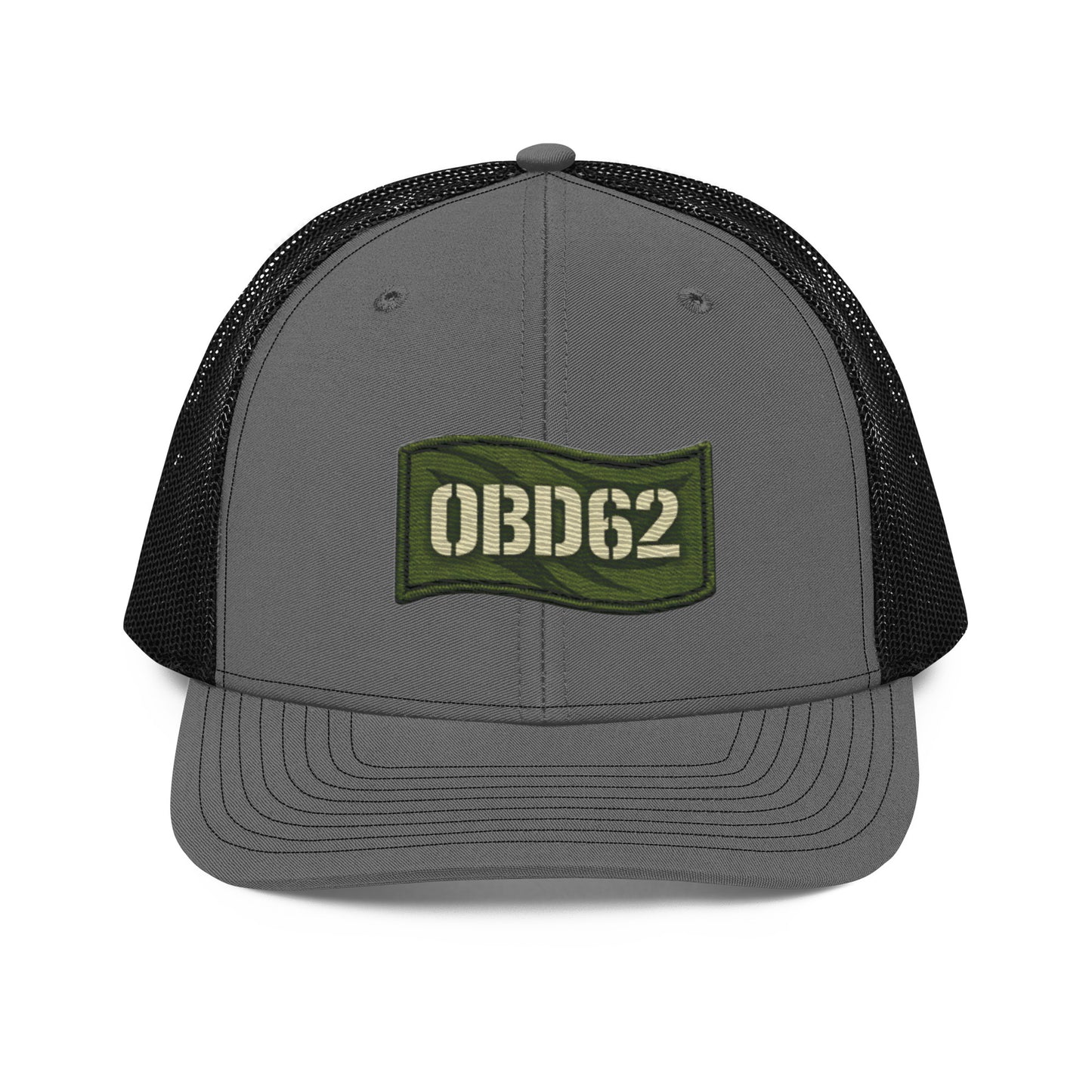 Charcoal black OB DANGEROUS OBD62 trucker cap with embroidered design, snapback style, suitable for gym and streetwear.
