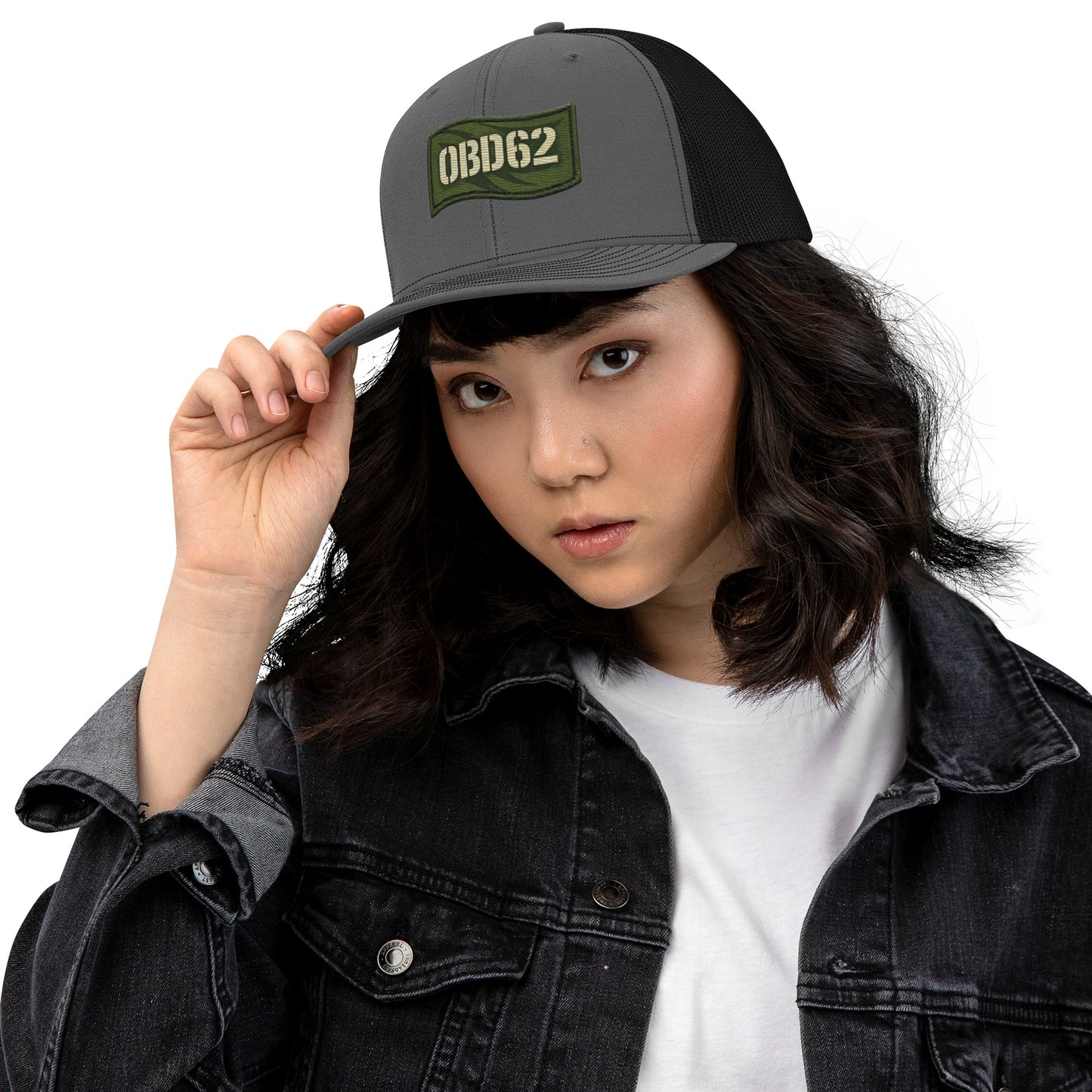Charcoal black OBD62 Trucker Cap with embroidered logo, snapback style, perfect for gym, street, and casual wear.