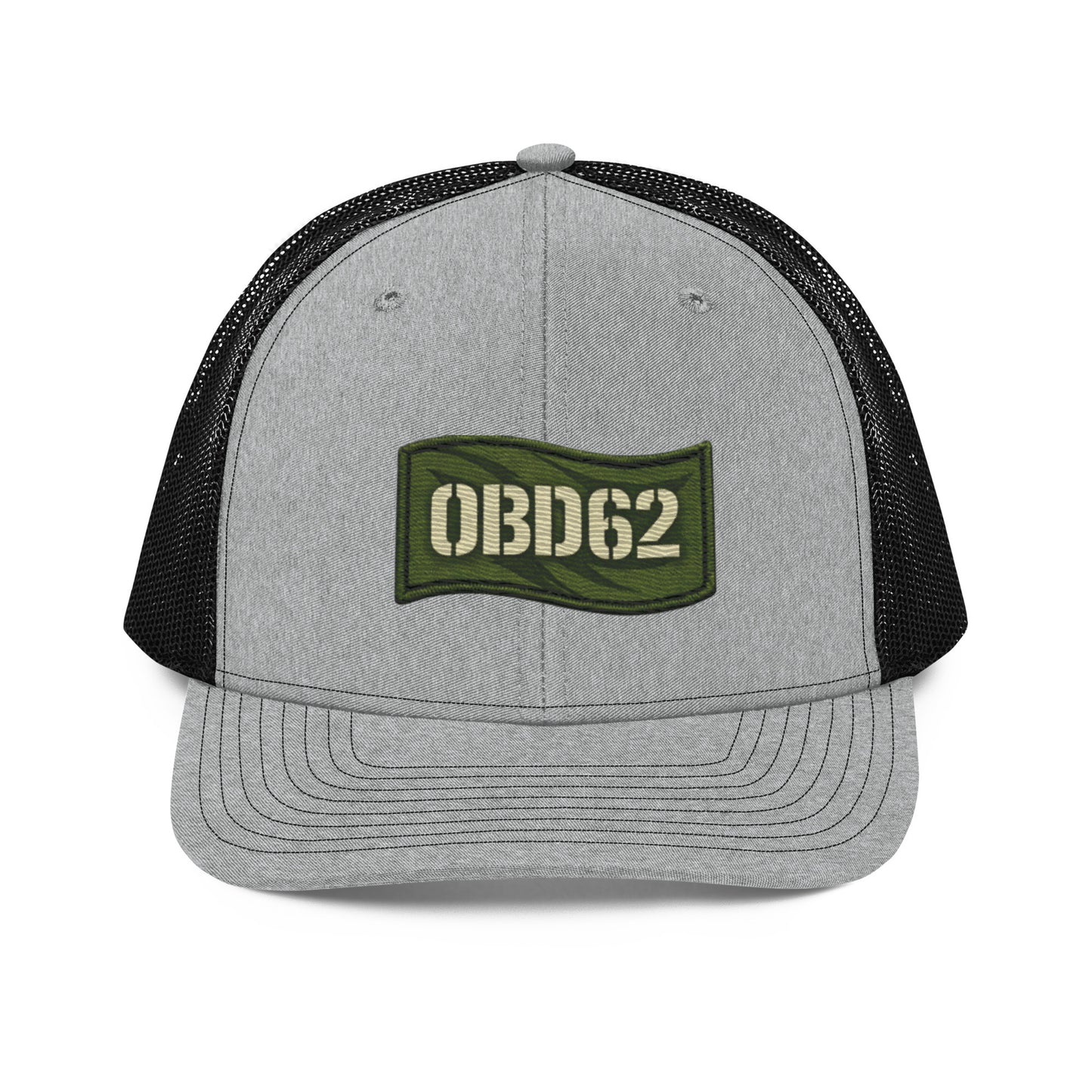 OB DANGEROUS OBD62 embroidered trucker cap in heather grey and black, front view, stylish snapback design for gym and street wear