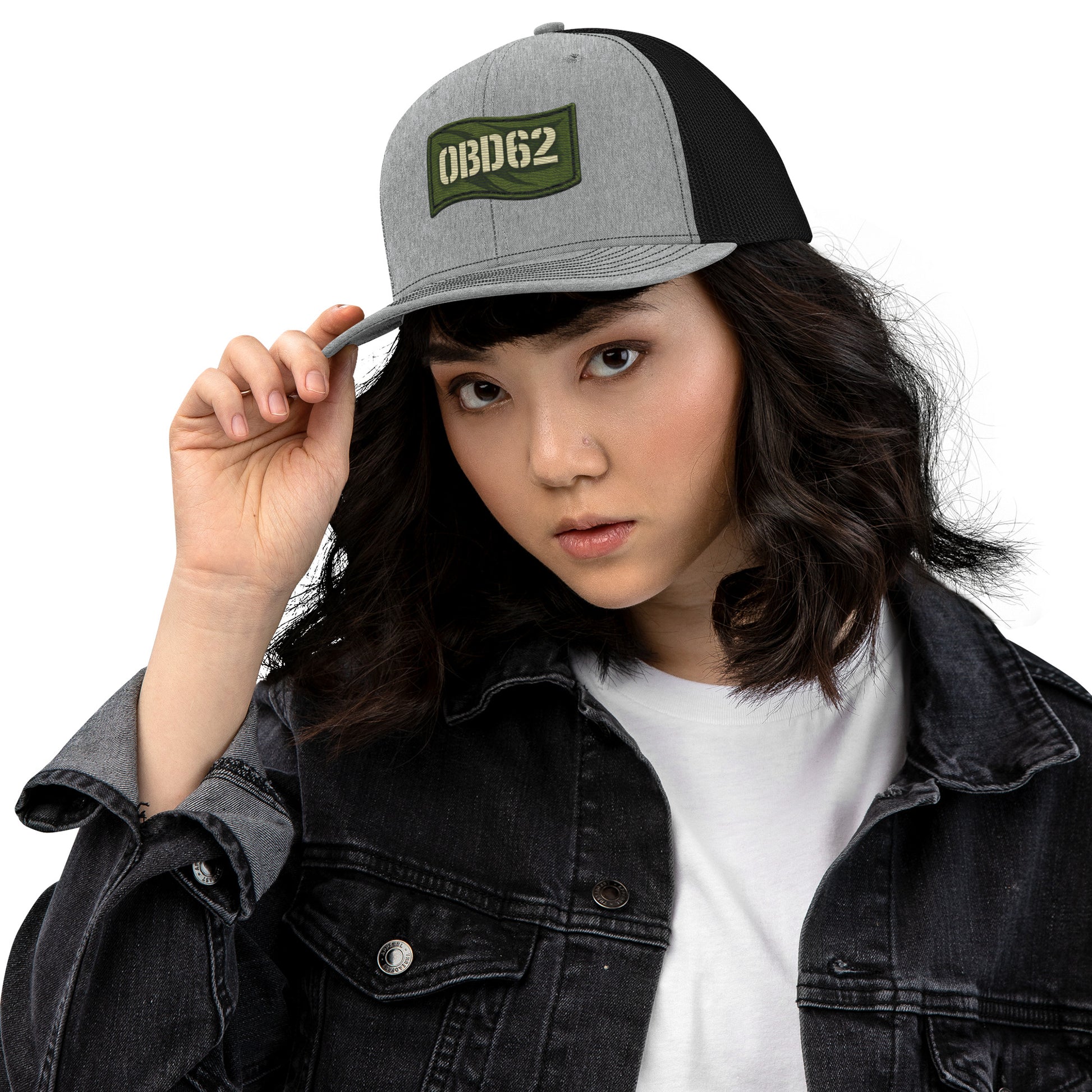 OB DANGEROUS OBD62 Trucker Cap with embroidered design, Heather grey and black snapback style, suitable for gym and streetwear fashion.