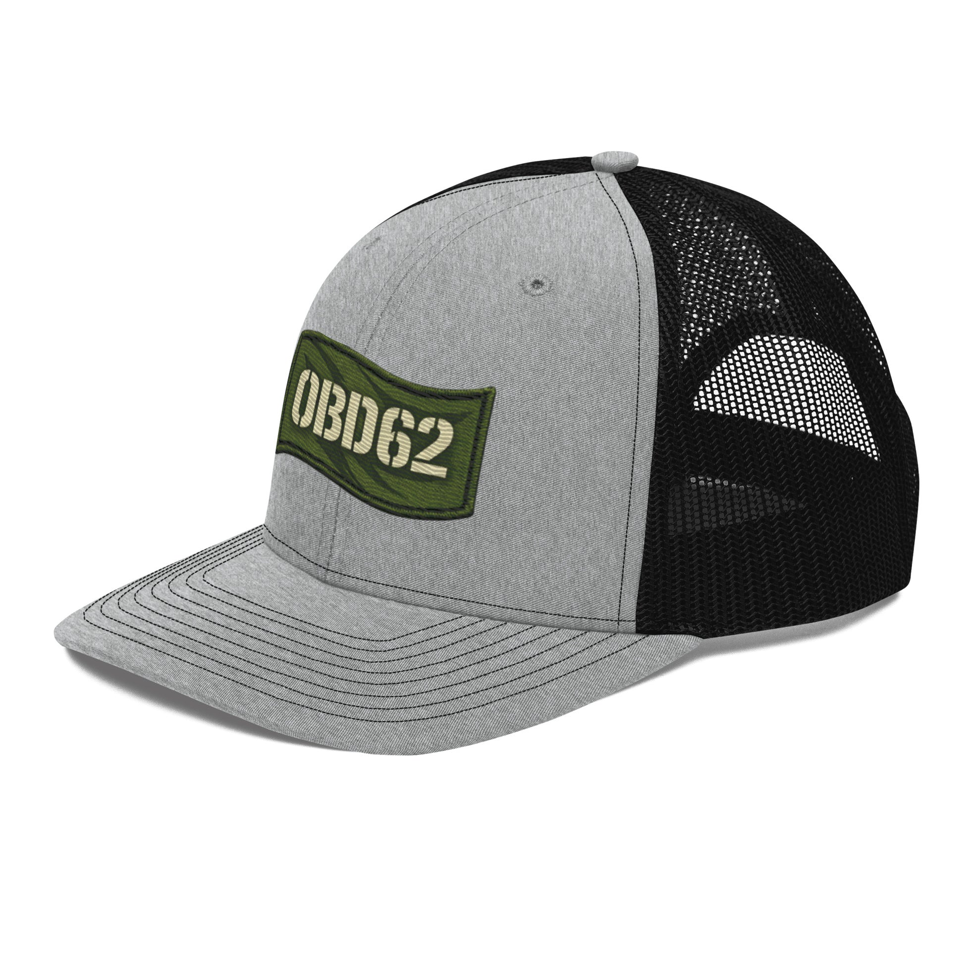 Heather grey and black embroidered OBD62 Trucker Cap by OB DANGEROUS, featuring a classic snapback design with front embroidery.