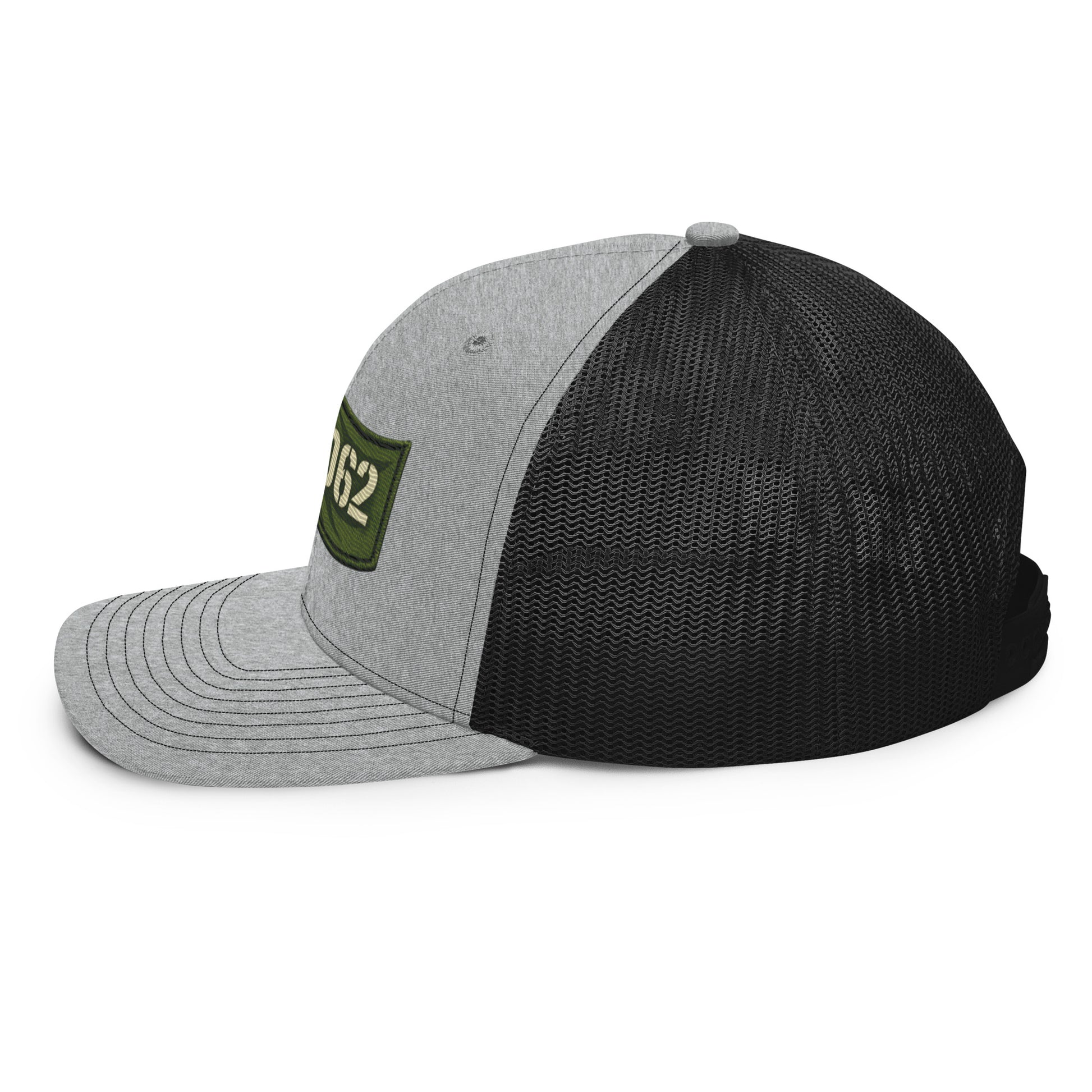 Heather grey and black embroidered OBD62 Trucker Cap by OB DANGEROUS, snapback style, featuring side embroidery and adjustable fit.