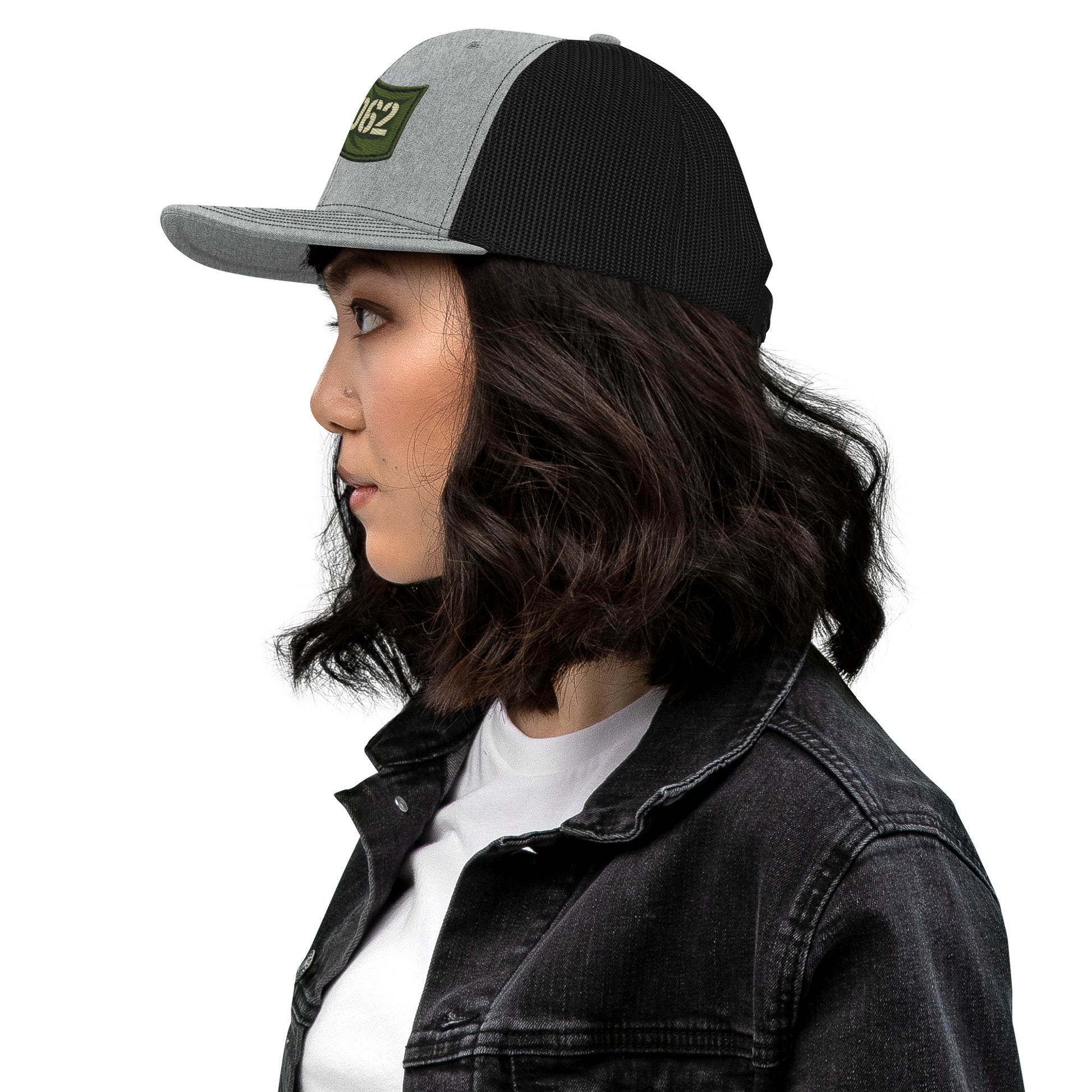 Heather grey and black OB DANGEROUS embroidered trucker cap with snapback closure, featuring a stylish design for gym and street wear.