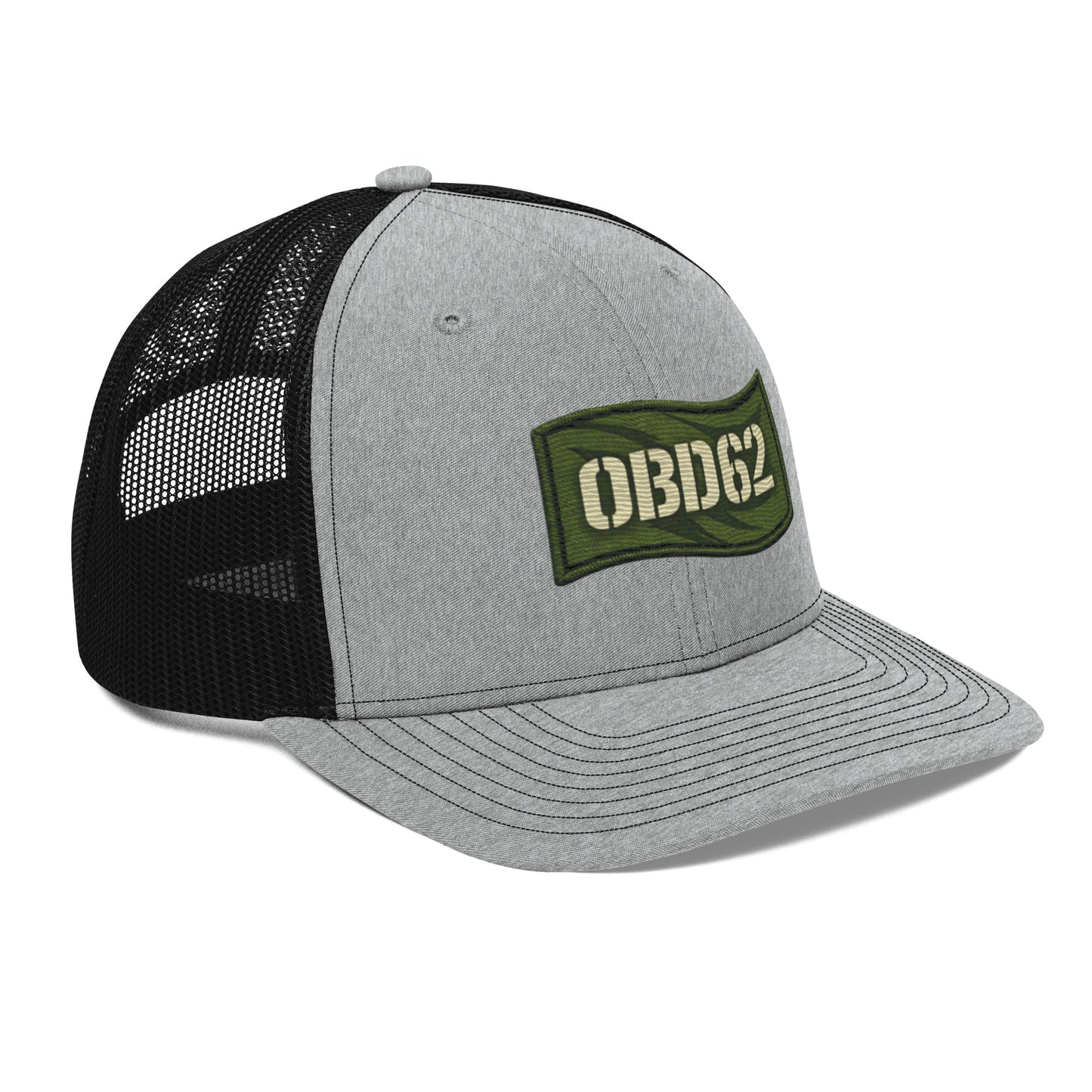 OB DANGEROUS OBD62 trucker cap with embroidered design, heather grey and black snapback style, right front view.