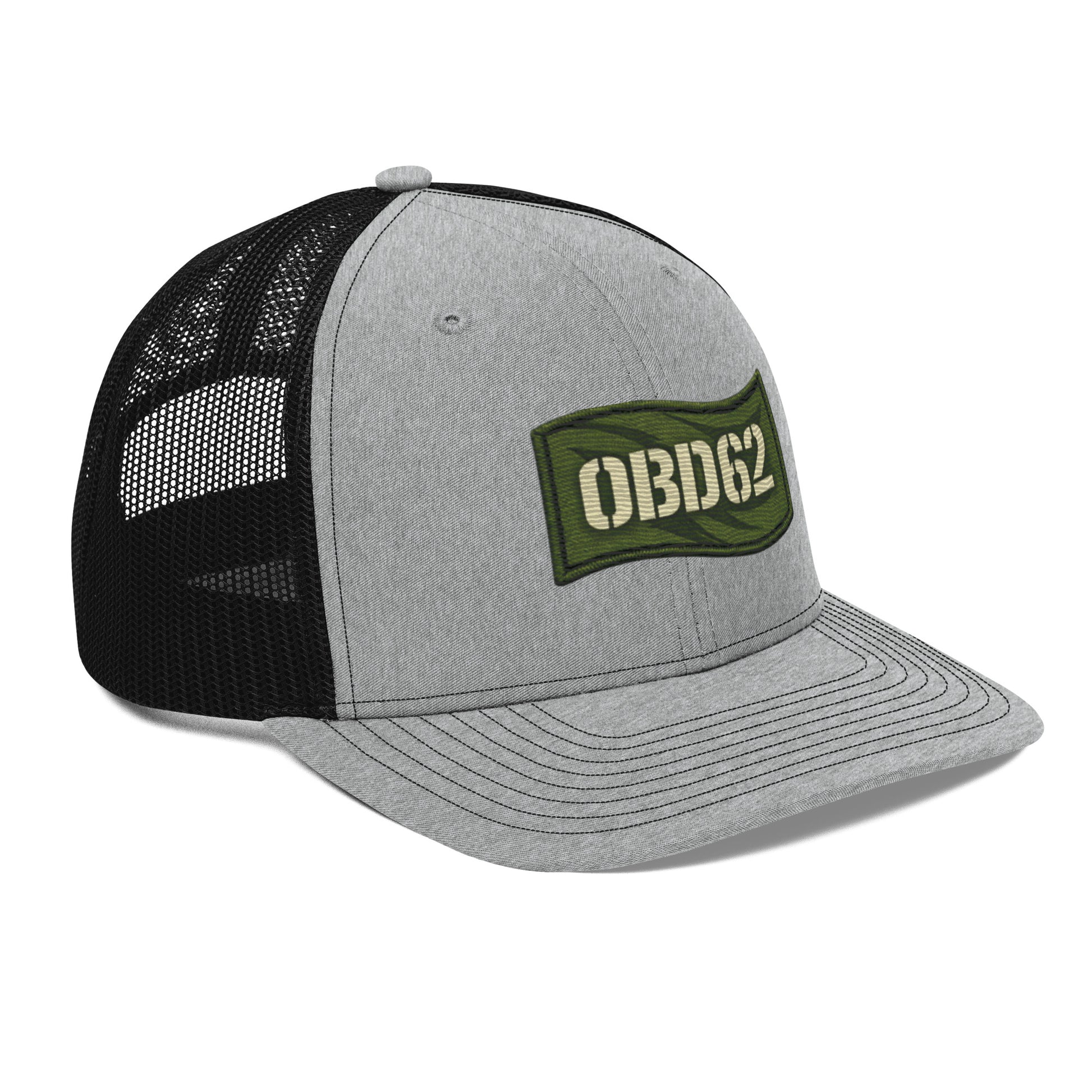 OB DANGEROUS OBD62 trucker cap with embroidered design, heather grey and black snapback style, right front view.