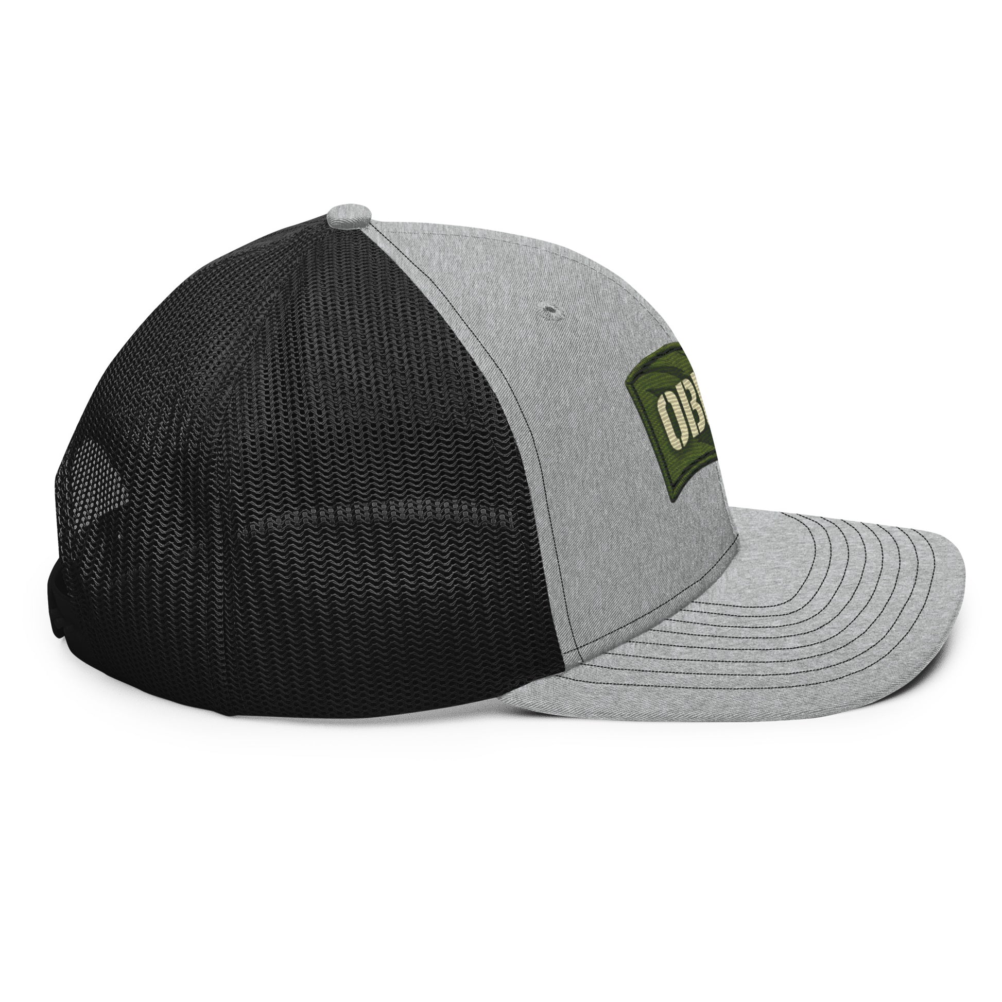 Heather grey and black embroidery snapback trucker cap from OB DANGEROUS, designed for gym and streetwear styles.