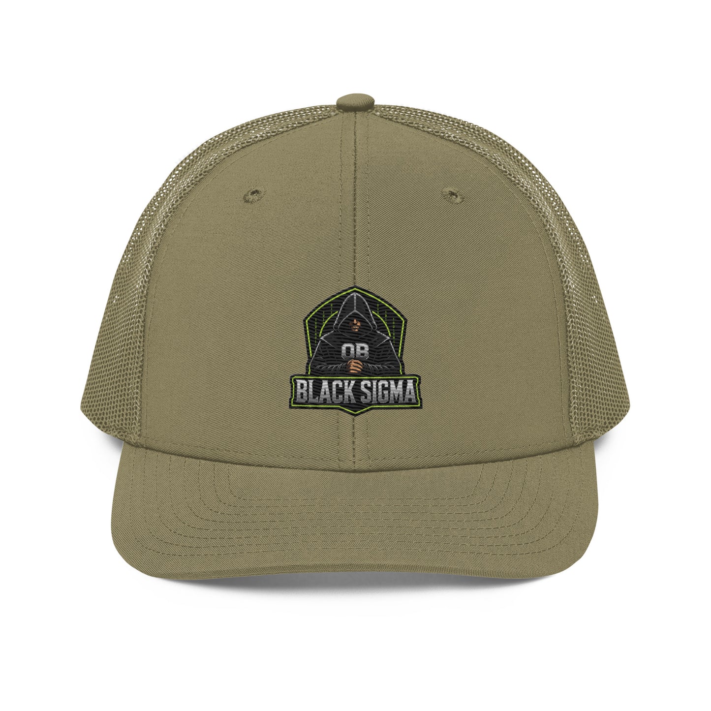 Black Sigma OBD Trucker Cap with embroidered logo, snapback style, designed for gym and streetwear, by OB DANGEROUS.