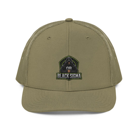 Black Sigma OBD Trucker Cap with embroidered logo, snapback style, designed for gym and streetwear, by OB DANGEROUS.