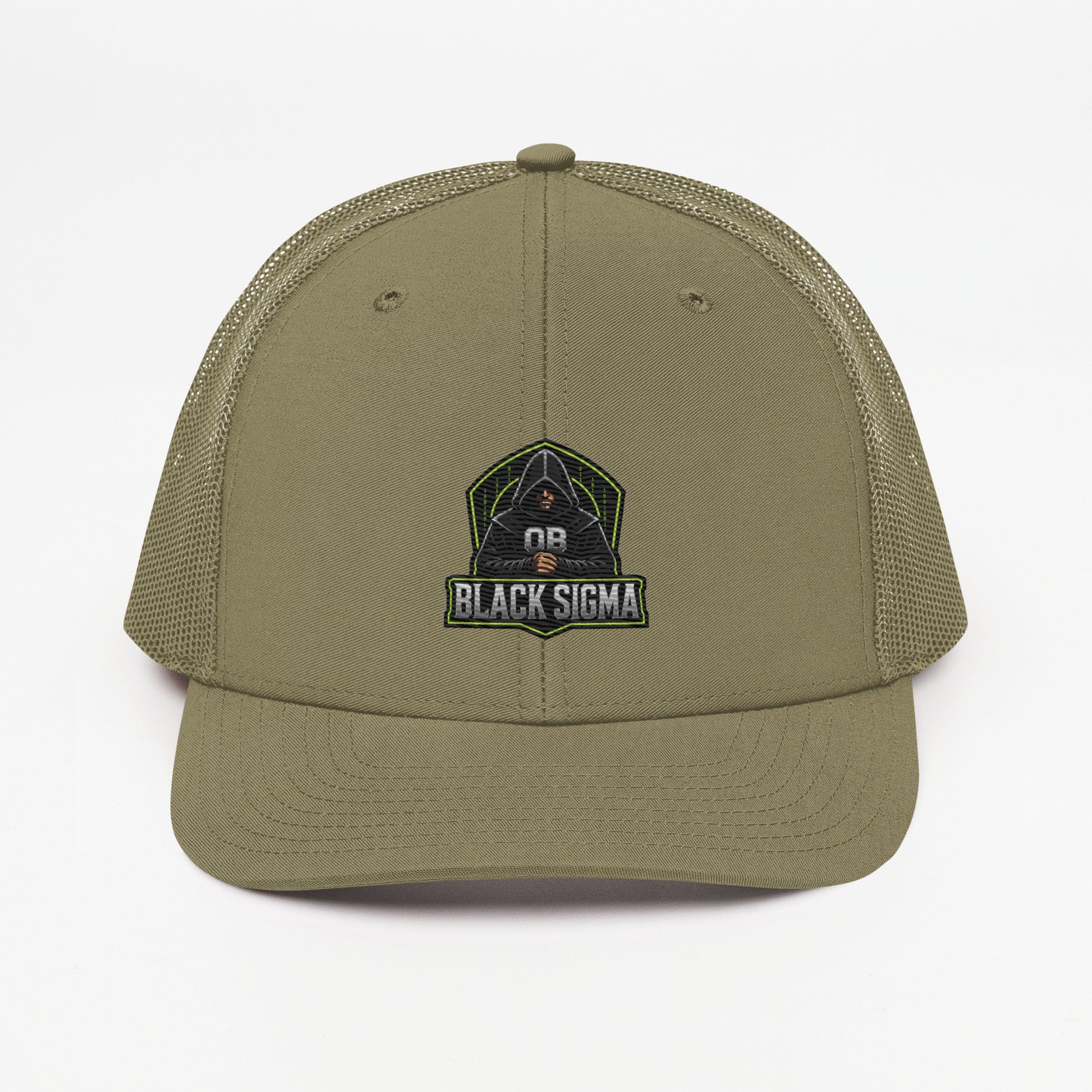 Black Sigma OBD Trucker Cap with embroidered logo, snapback style, designed for gym and street wear, by OB DANGEROUS.