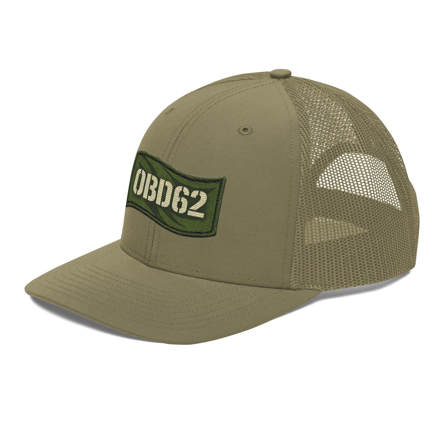 OB DANGEROUS OBD62 Trucker Cap with embroidered logo, snapback style, in loden green, front view for gym and street wear.