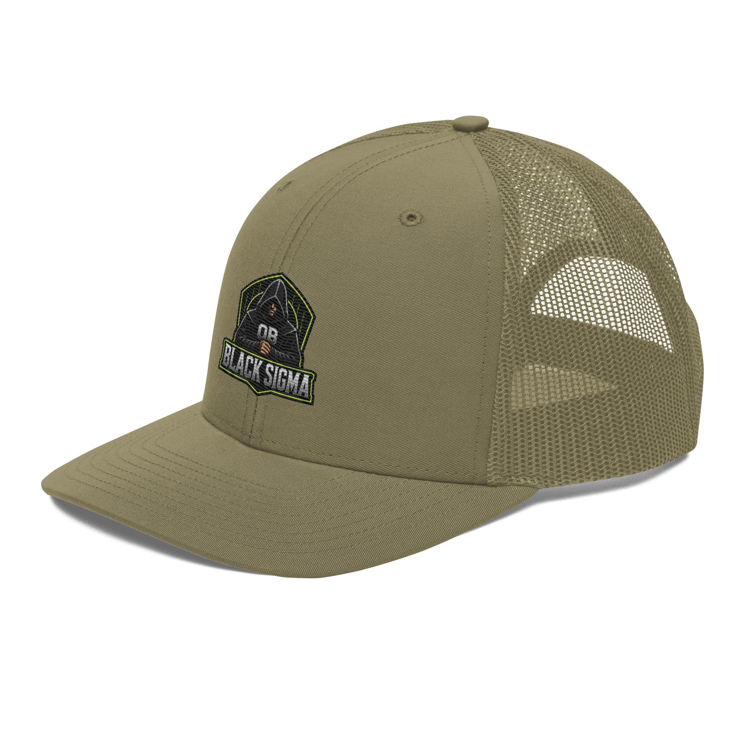 Black Sigma OBD Dangerous embroidered snapback trucker cap with front embroidery, designed for gym, street, and casual wear.