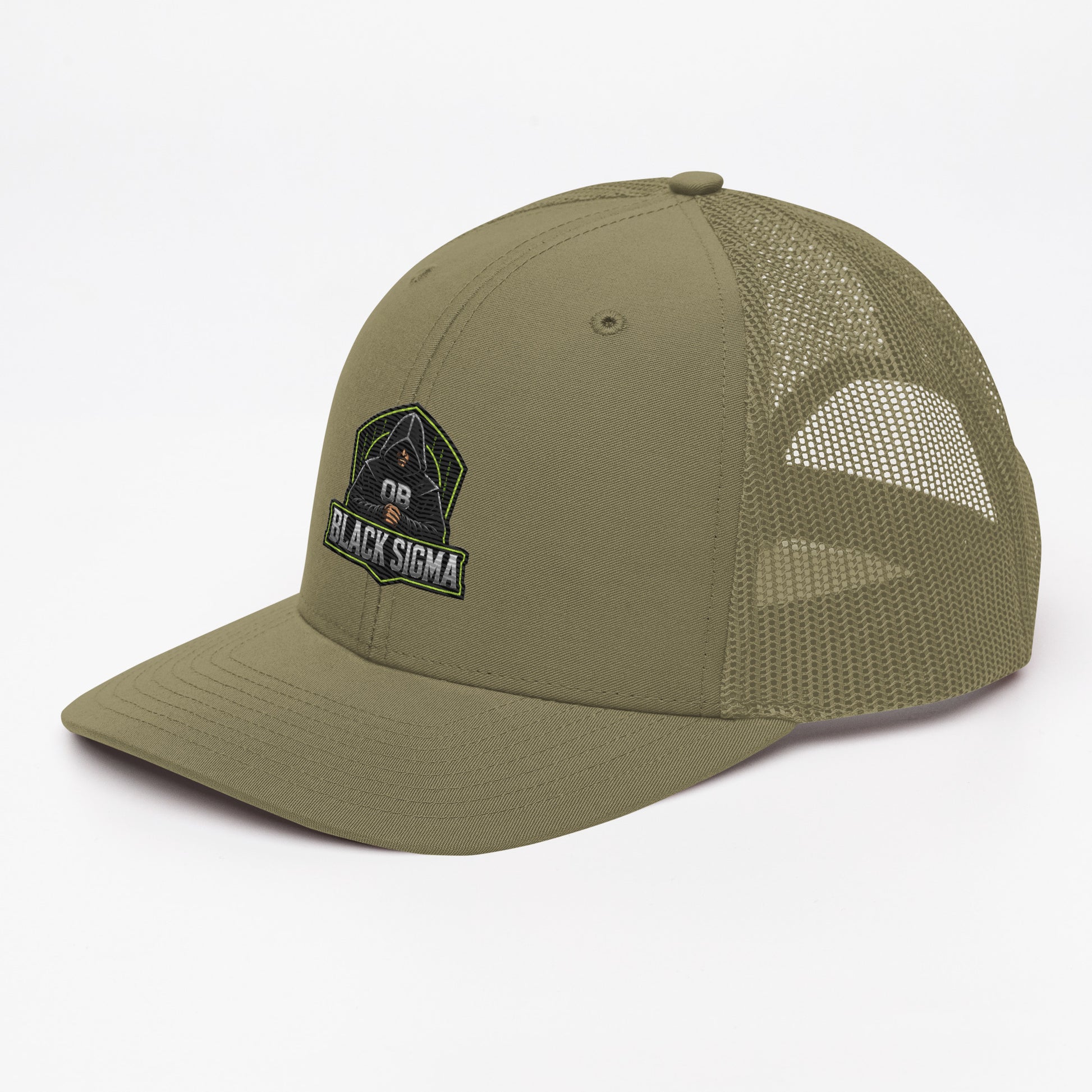 Black Sigma OBD Dangerous embroidered snapback trucker cap with front panel design and adjustable brim.