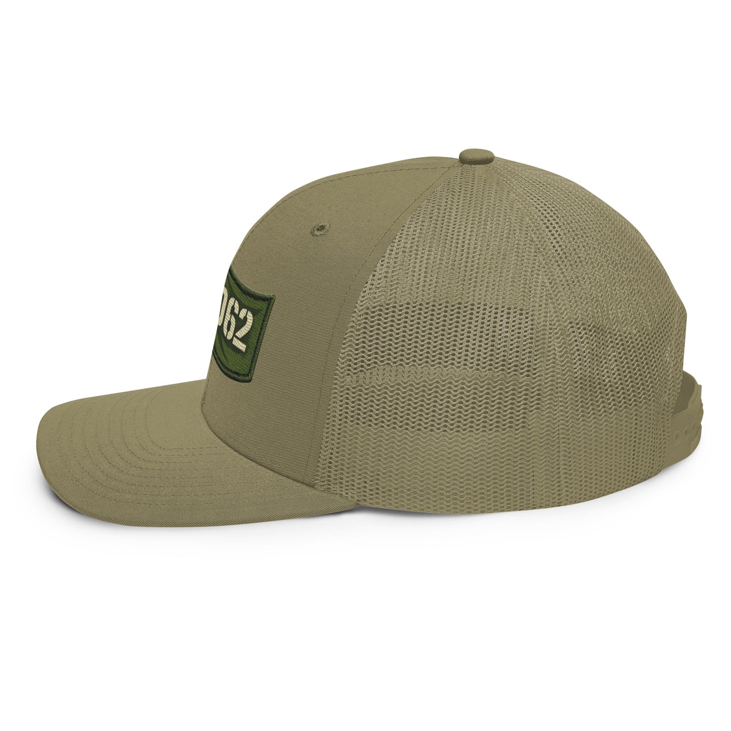 OB DANGEROUS OBD62 embroidered snapback trucker cap in loden green, viewed from the left side, suitable for gym and streetwear.
