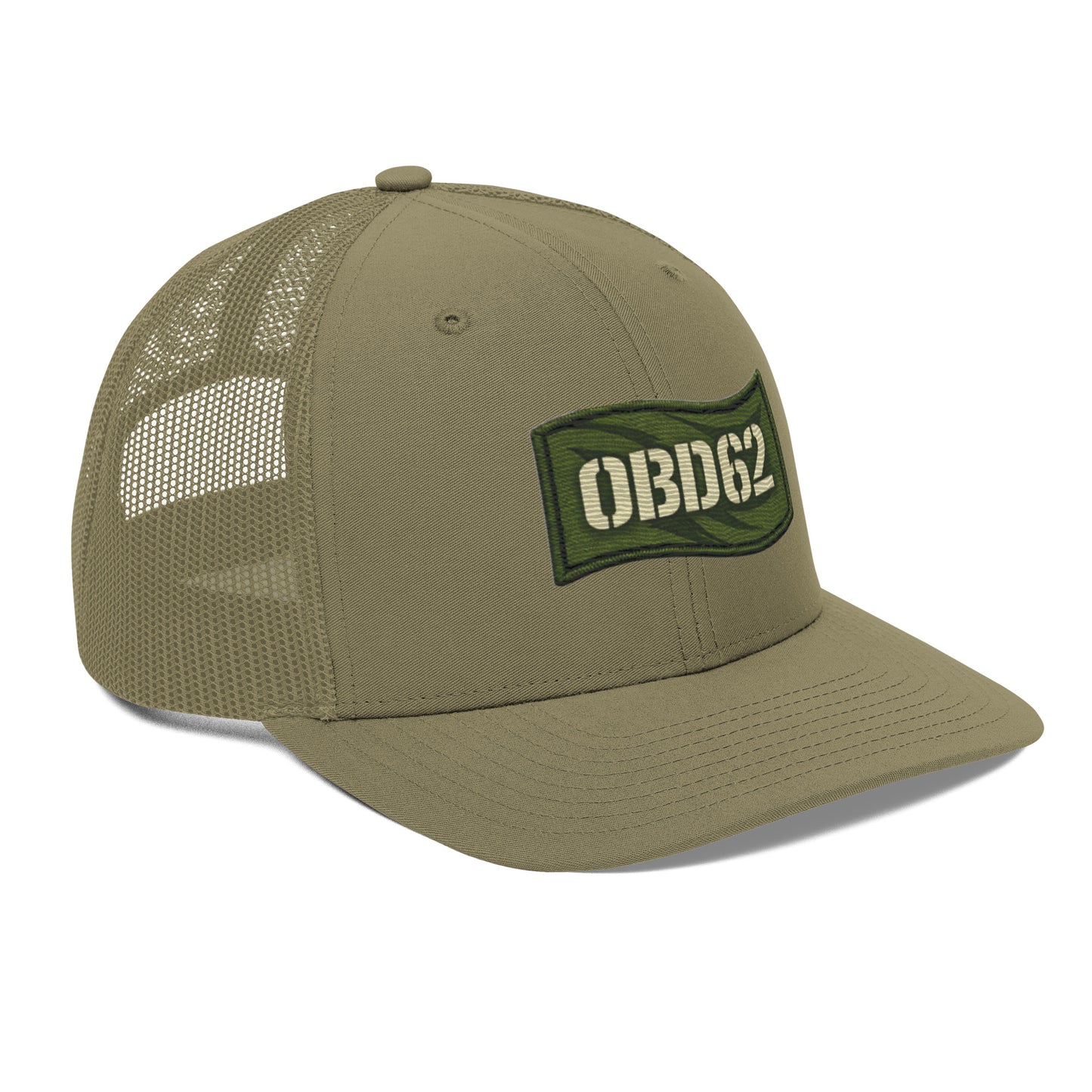 OB DANGEROUS OBD62 Trucker Cap with embroidered logo, loden green snapback design, right front view for gym and street style.