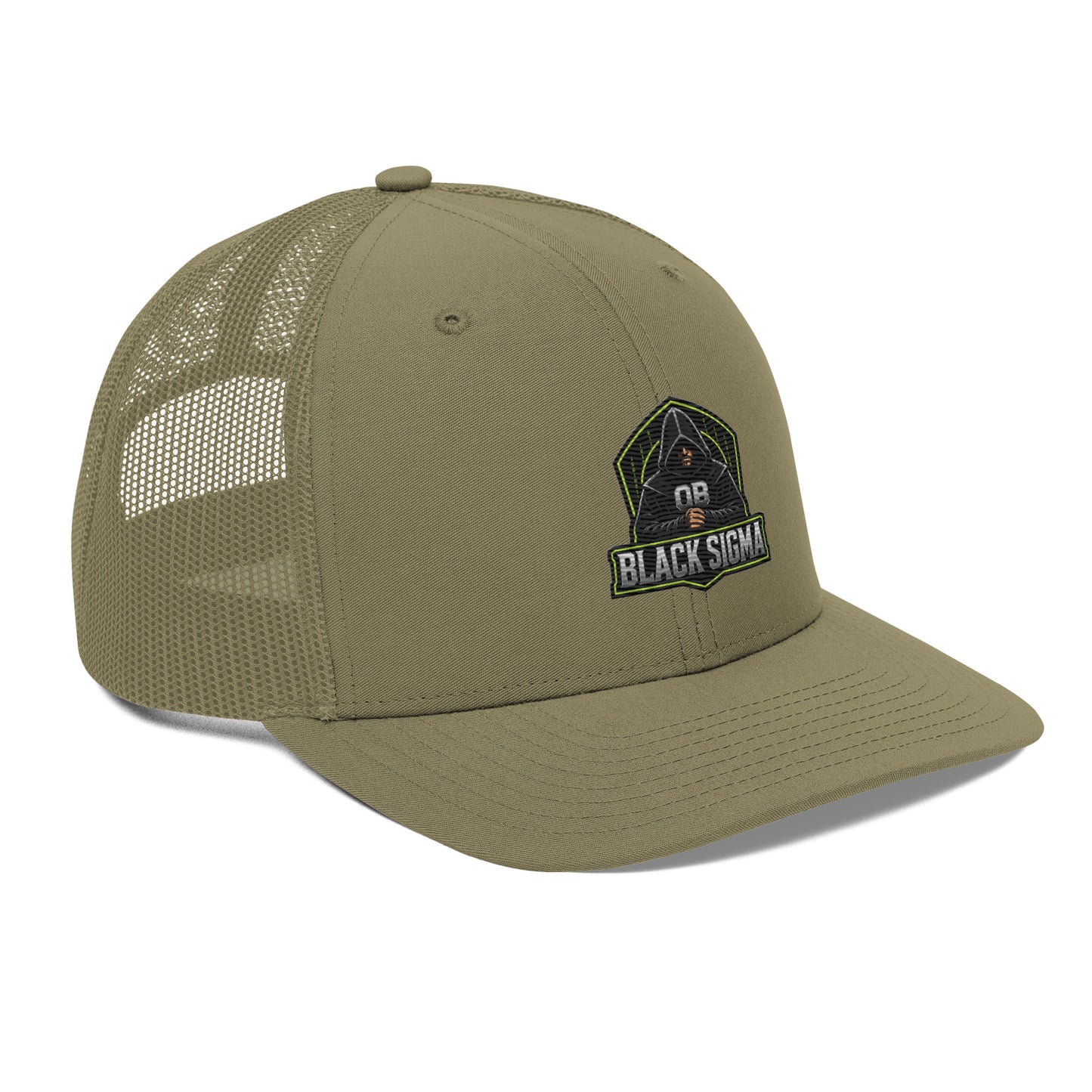 Black Sigma OBD trucker cap with embroidered logo, snapback style, designed for gym and street wear, right front view.