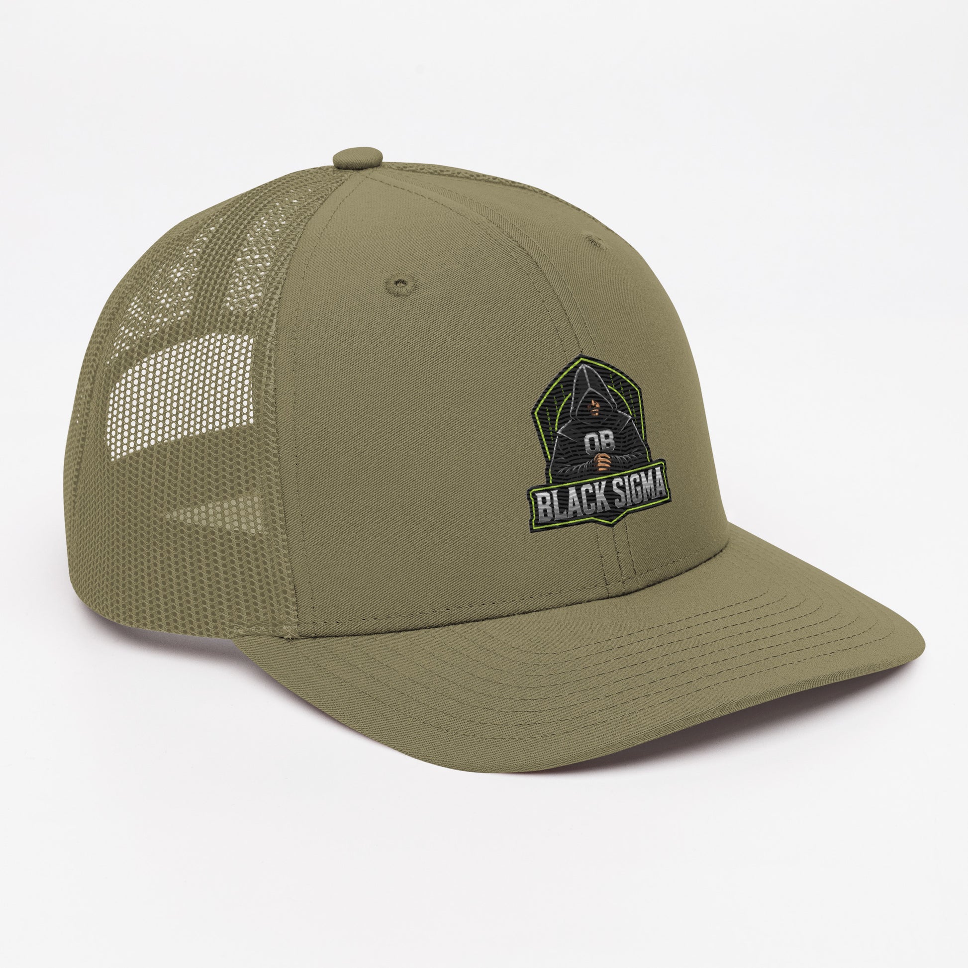 Black Sigma OBD Trucker Cap with embroidery detail, featuring a snapback style and OB DANGEROUS branding for versatile wear.