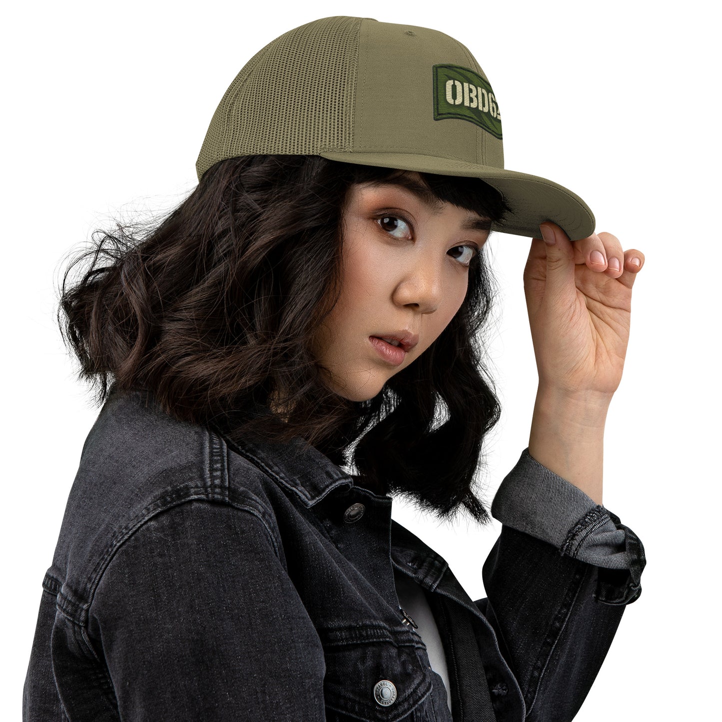 OB DANGEROUS OBD62 Trucker Cap with embroidery, loden color, snapback style, viewed from the right side.