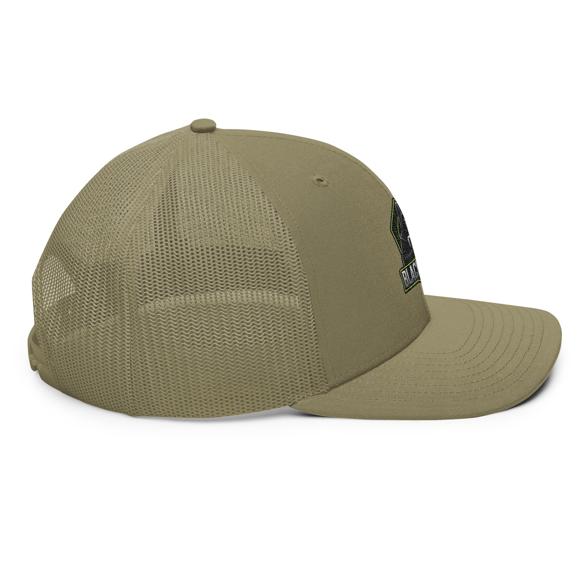 Black Sigma OBD Trucker Cap with embroidered logo, snapback style, designed for gym, street, and casual wear.